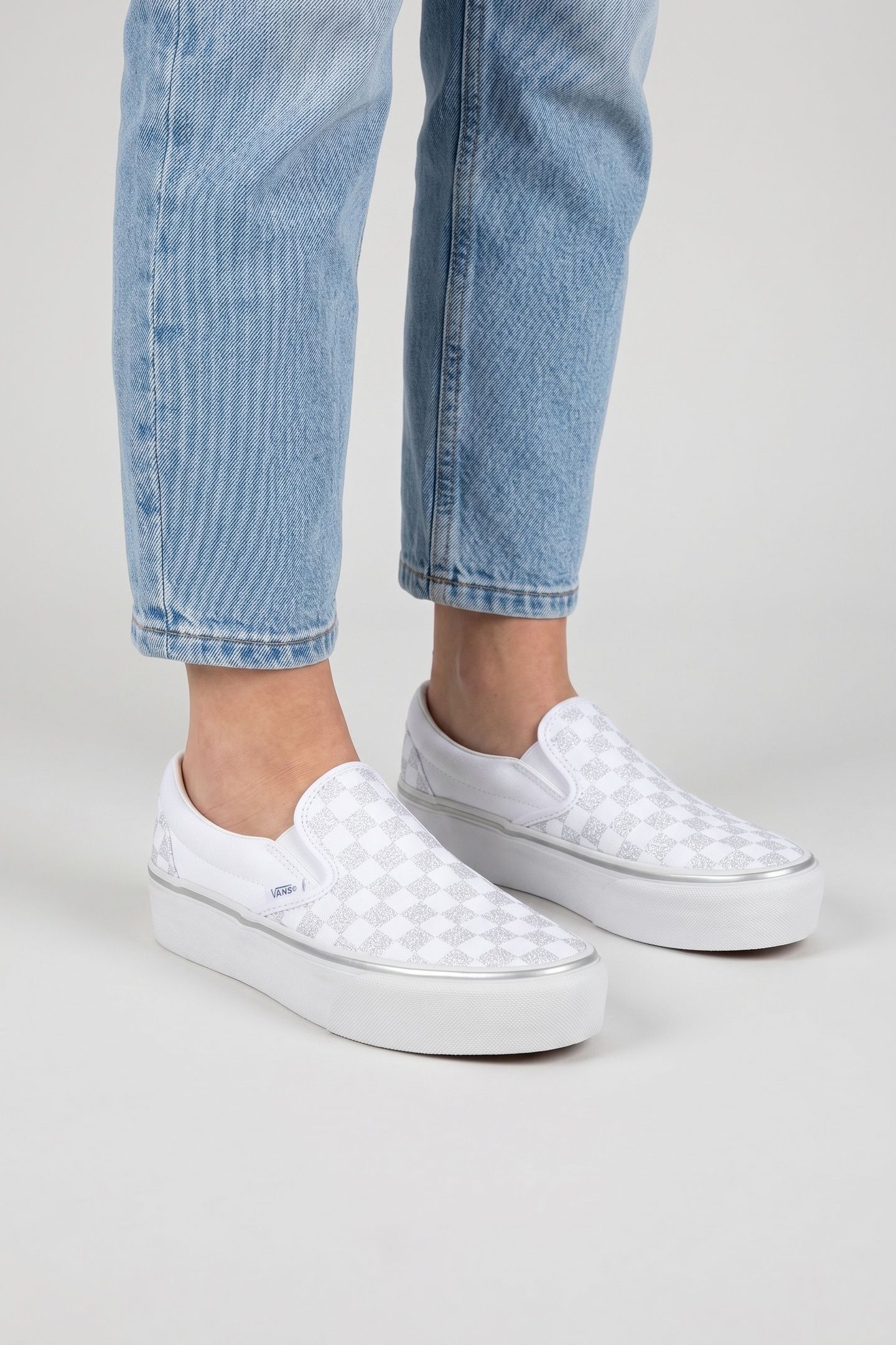 UNISEX CLASSIC SLIP-ON PLATFORM METALLIC CHECKRBRD SILVER 3