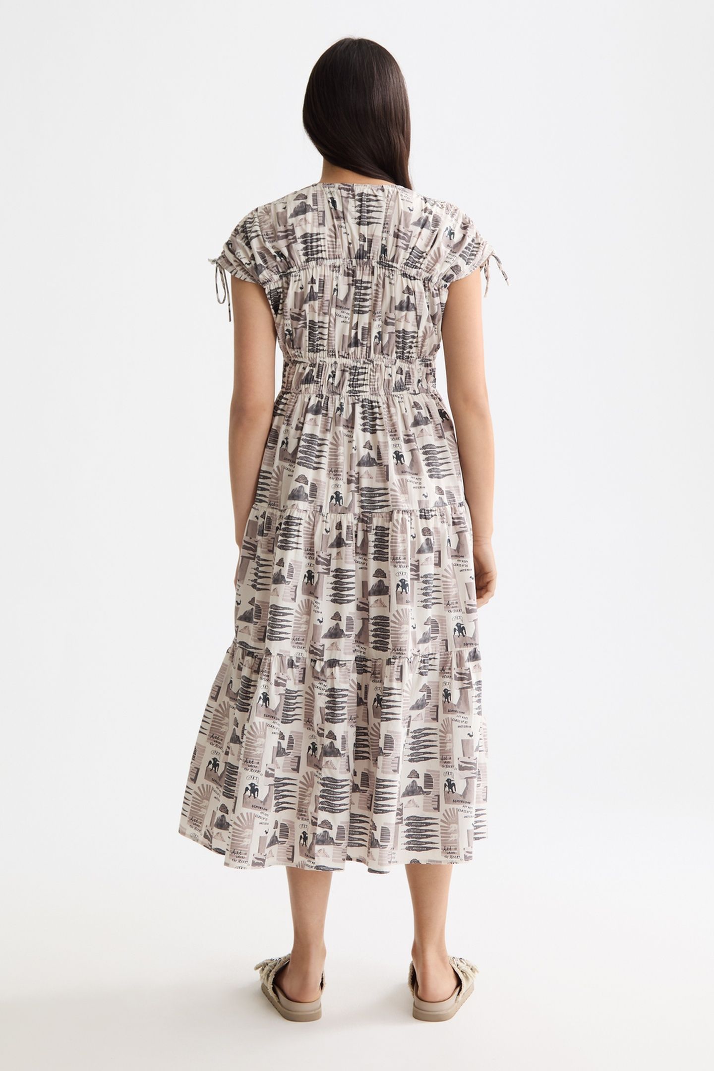 GATHERED MIDI DRESS WITH TIED DETAILS ART DEPT COLLAGE GREY 3