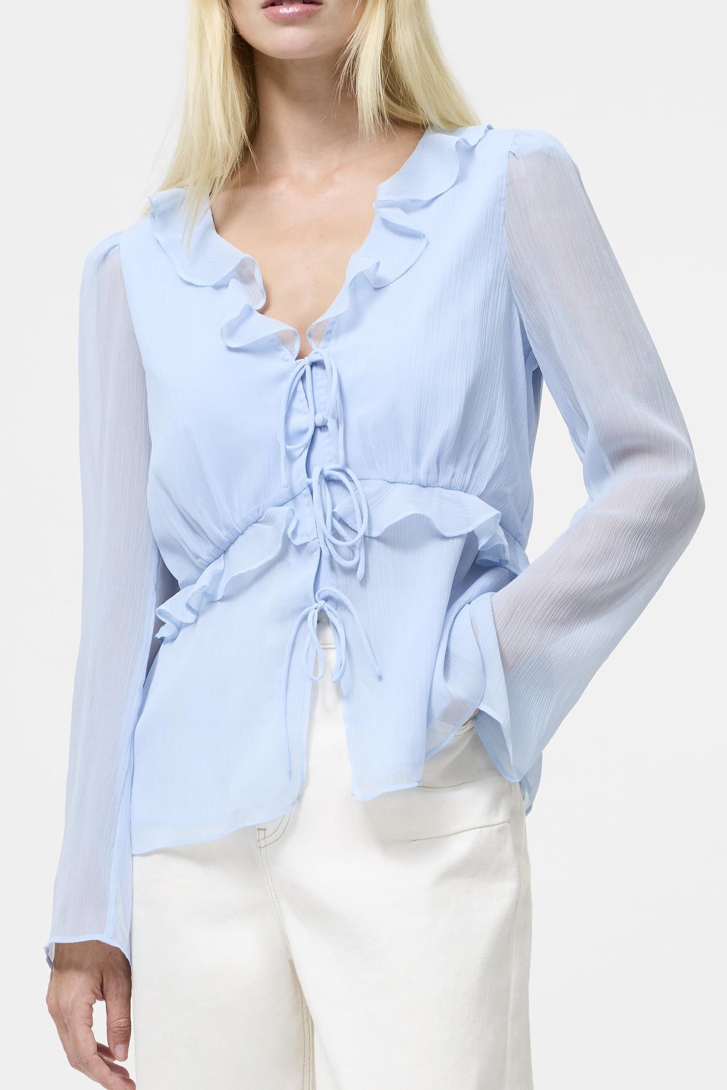 EMINA CHIFFON FRILL TIE UP TOP ARCTIC BLUE 1