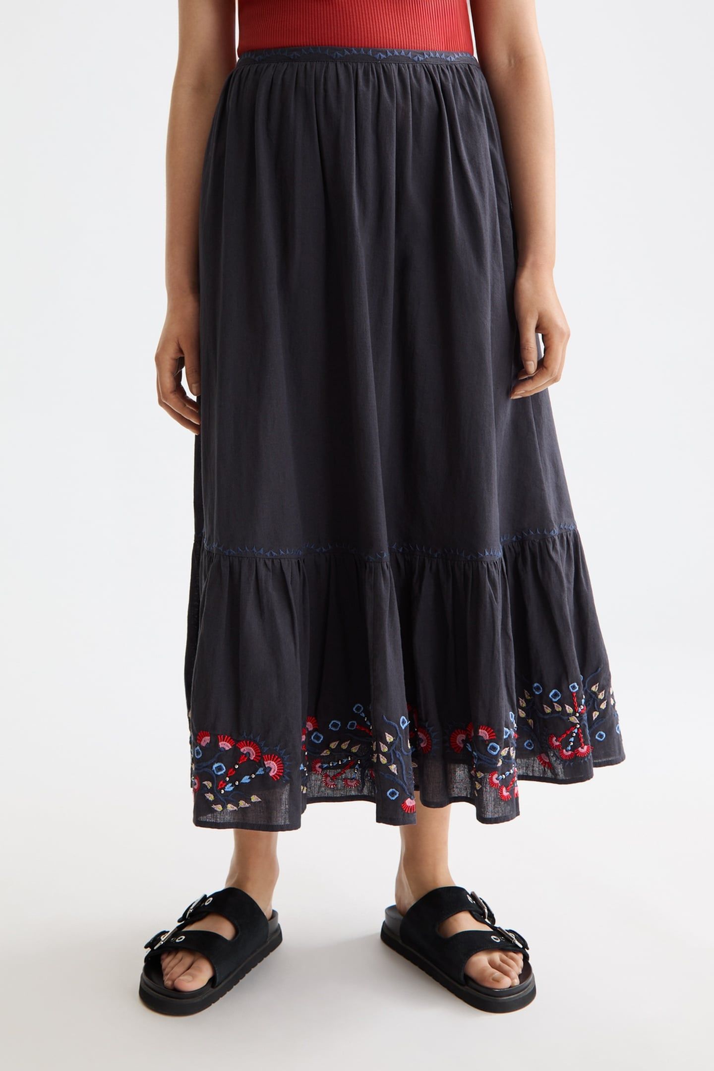 EMBROIDERED MAXI SKIRT CHARCOAL ART 1