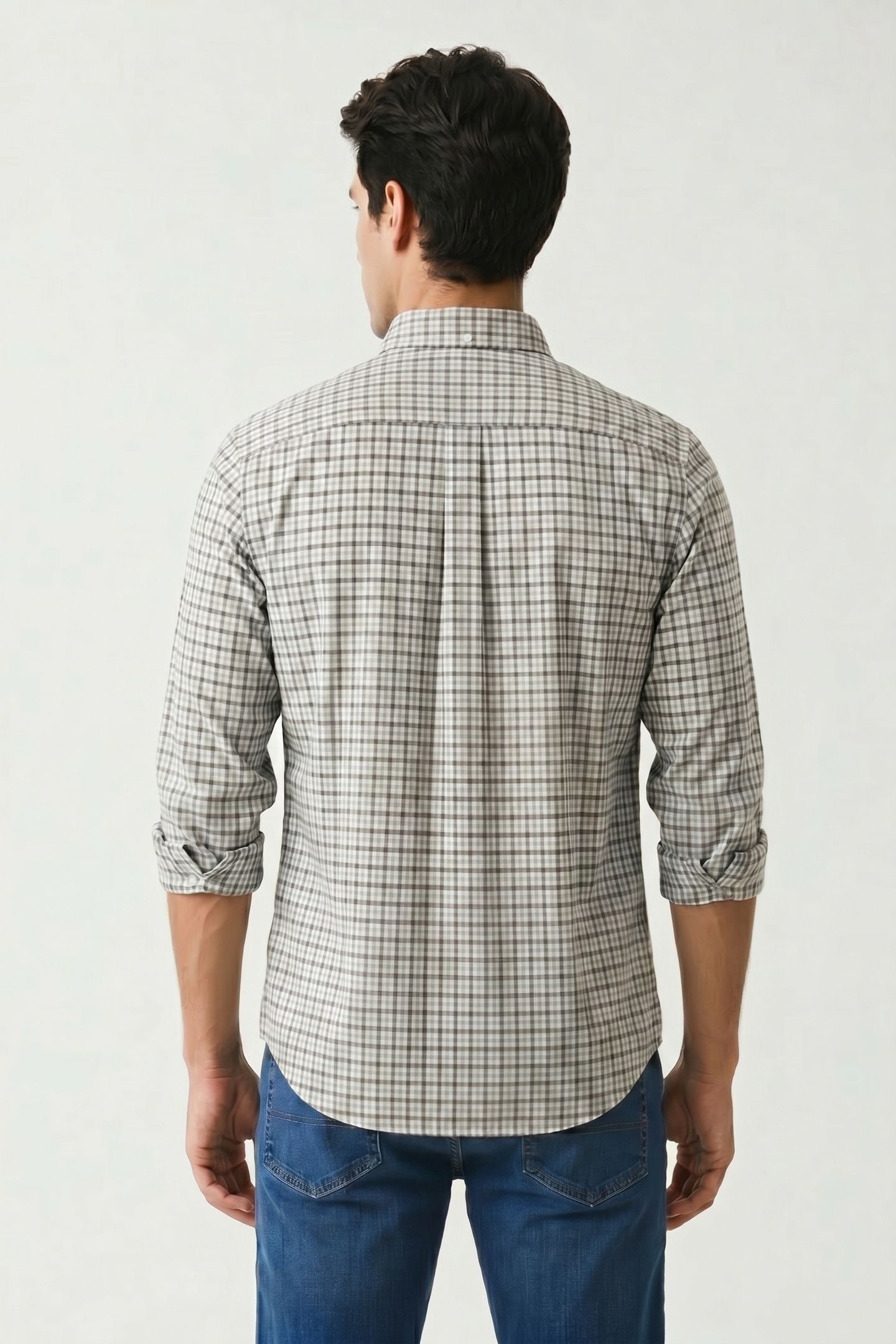 STRETCH POPLIN GINGHAM SHIRT SILVER BLUE YD 4