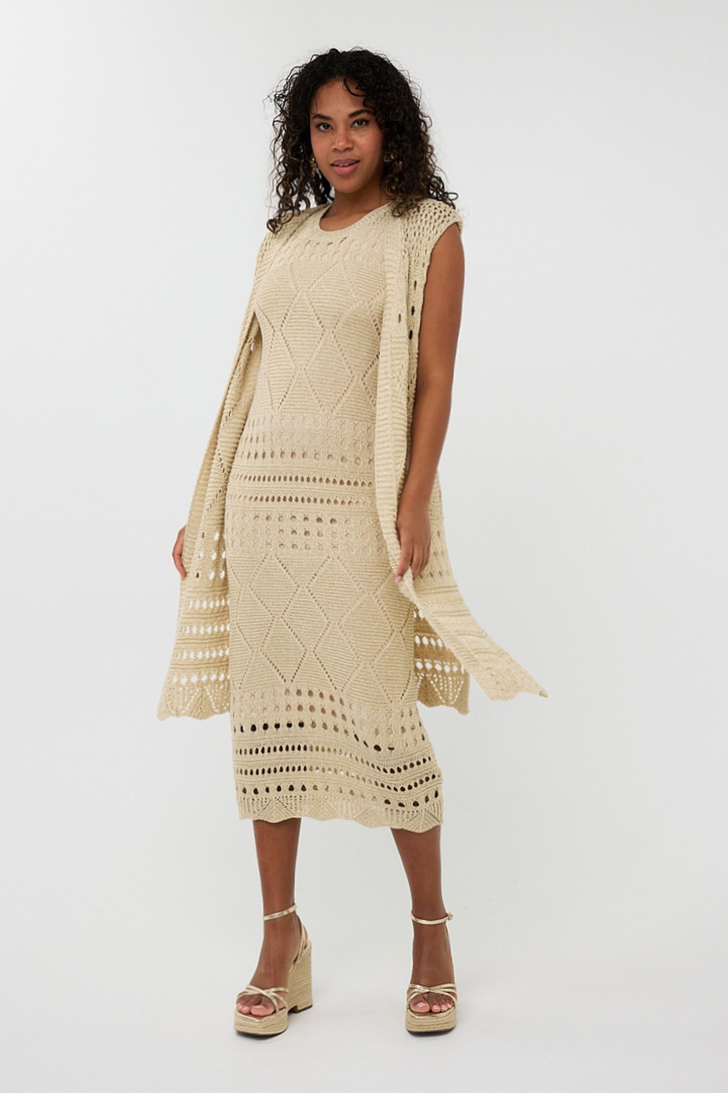 GILLET LONG FANCY OPEN KNIT LUREX LIGHT SAND 2