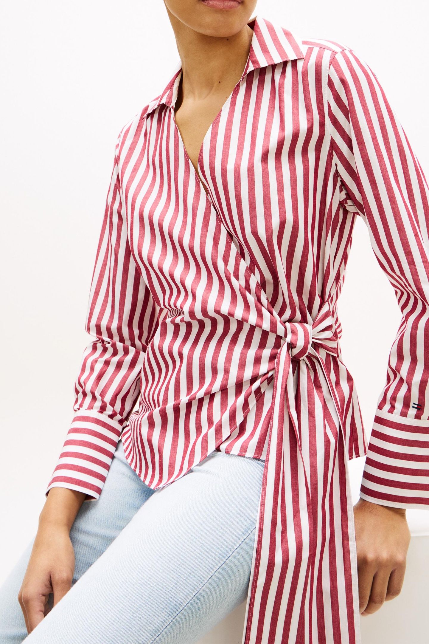 POPLIN KNOT BLOUSE WIDE BANKER STP ECRU LIBERTY RED 5