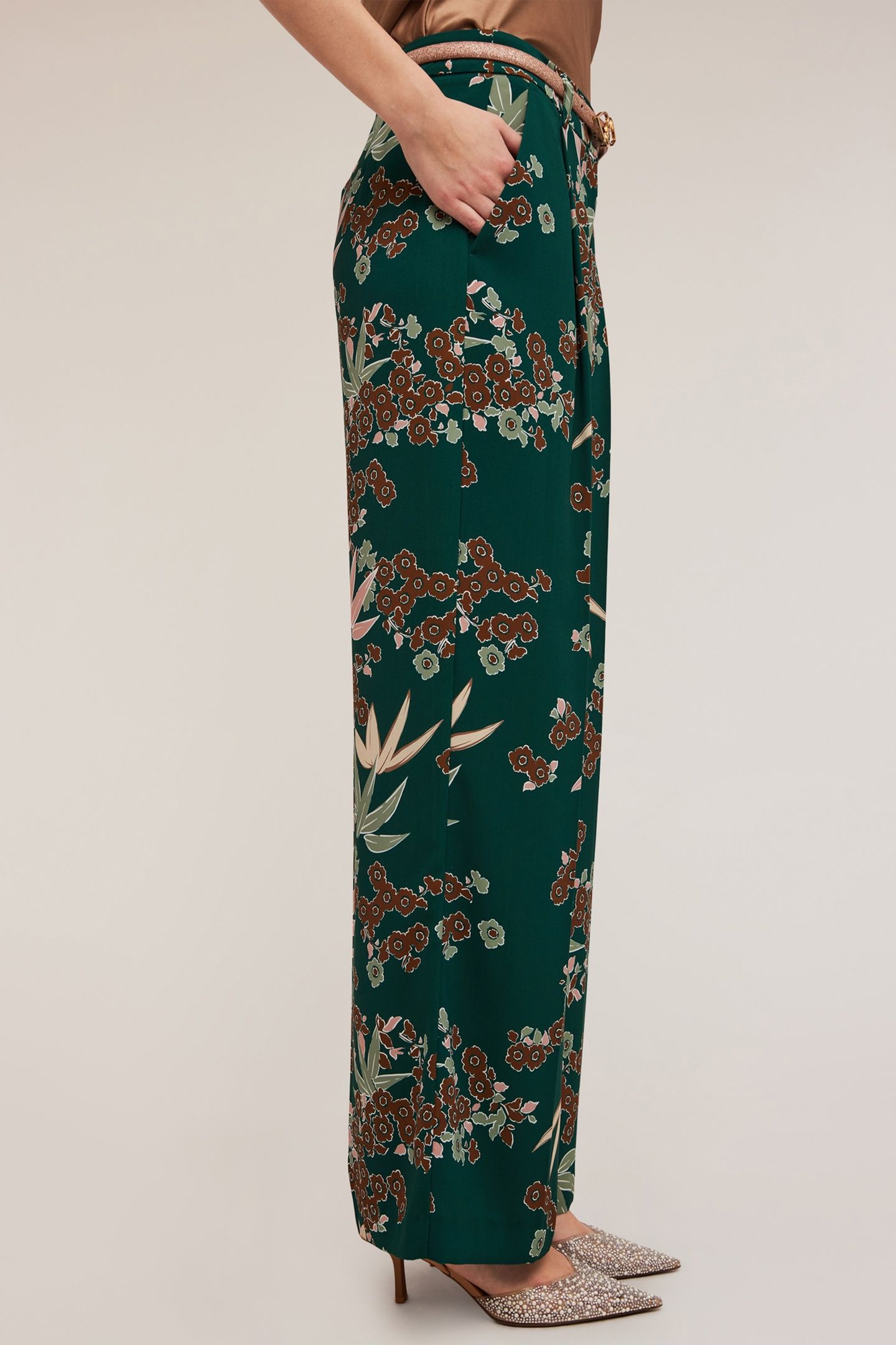 DECÒ PATTERNED PALAZZO TROUSERS WITH PLEATS GREEN 3