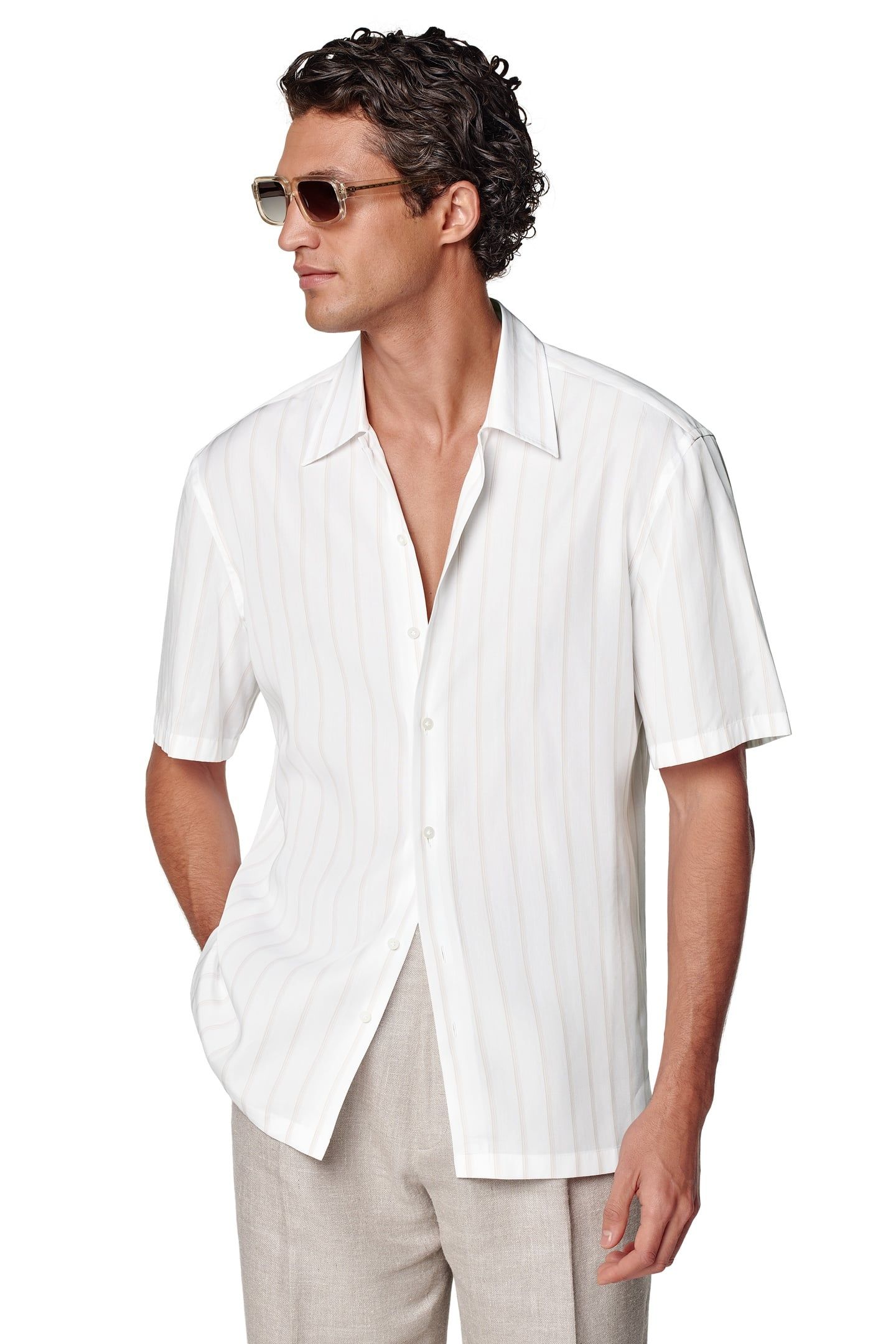 SHIRT-SHORTSLEEVE-LYOCELLSTRIPETAUPE CASUAL SHIRTS WHITE 1