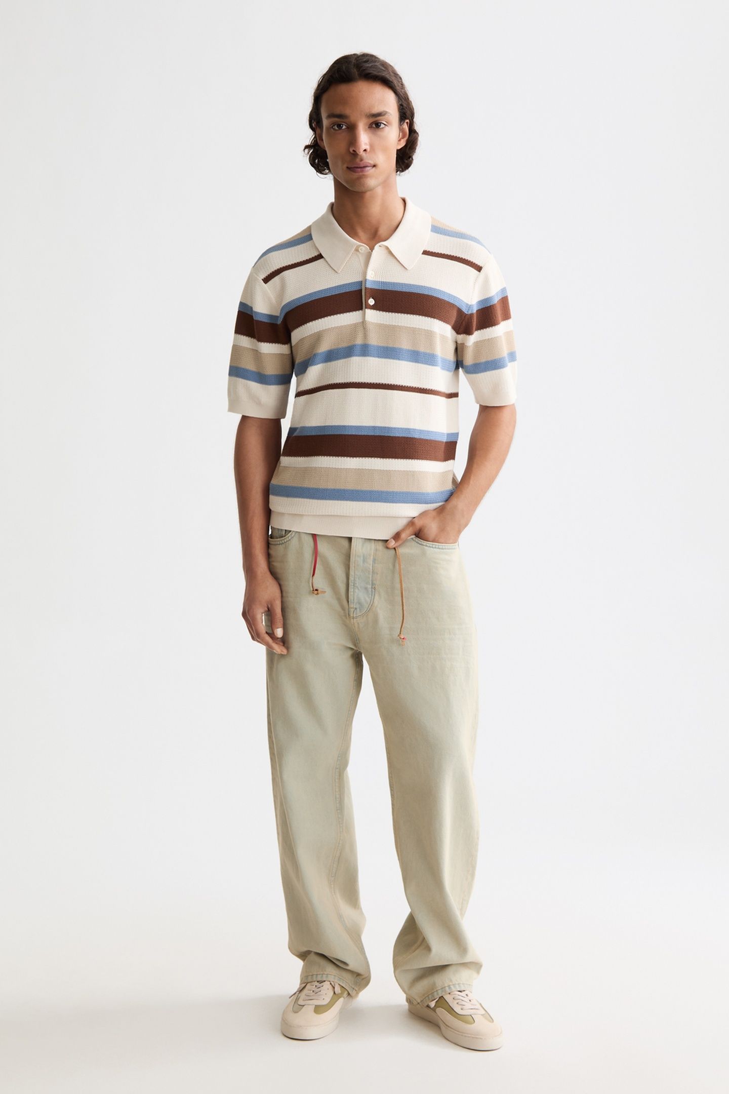 REGULAR-FIT KNITTED STRIPED POLO PLAZA TAUPE STRIPE 3