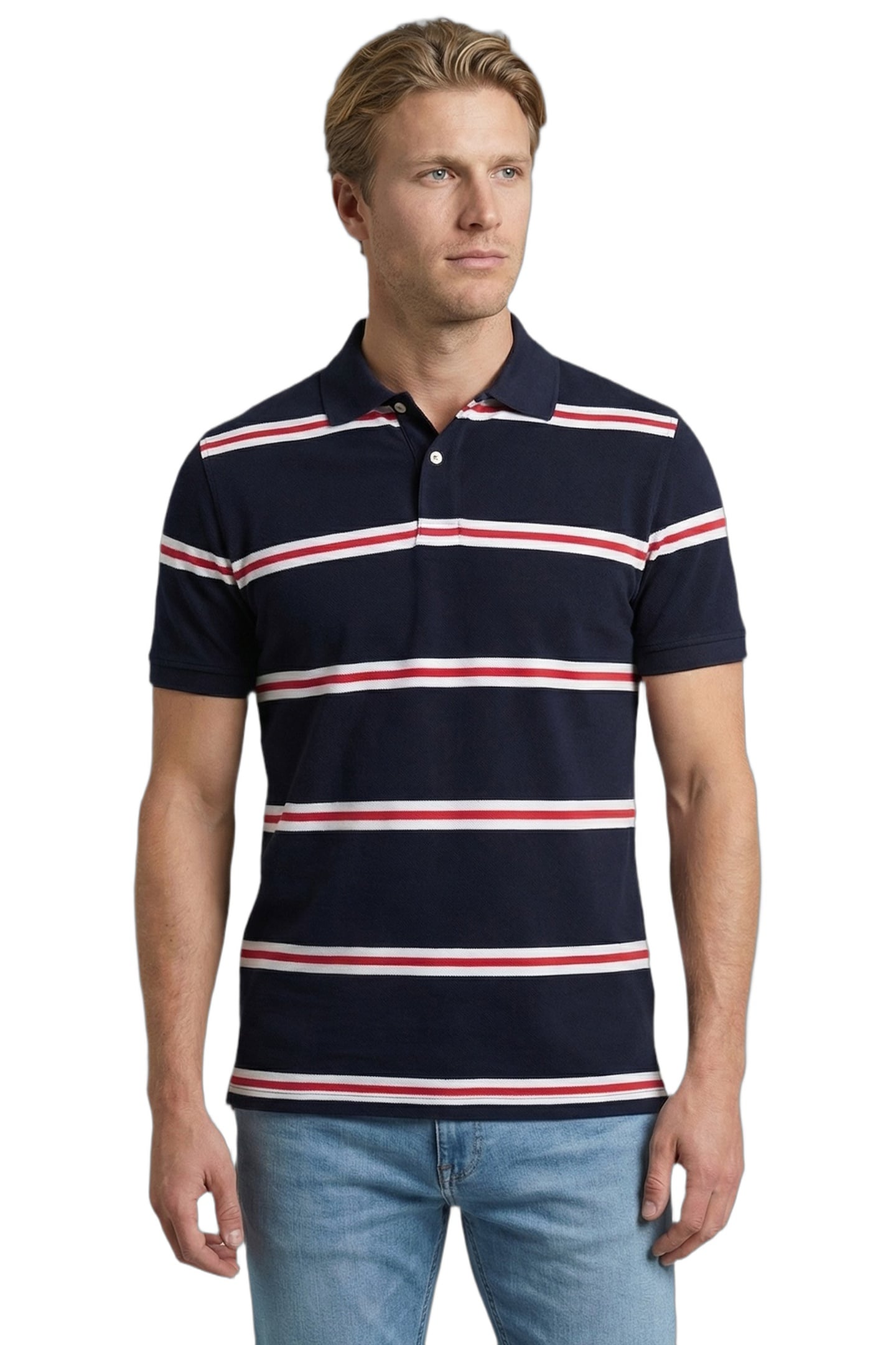 PIQUE 3 COLOUR STRIPE POLO NAVY 1