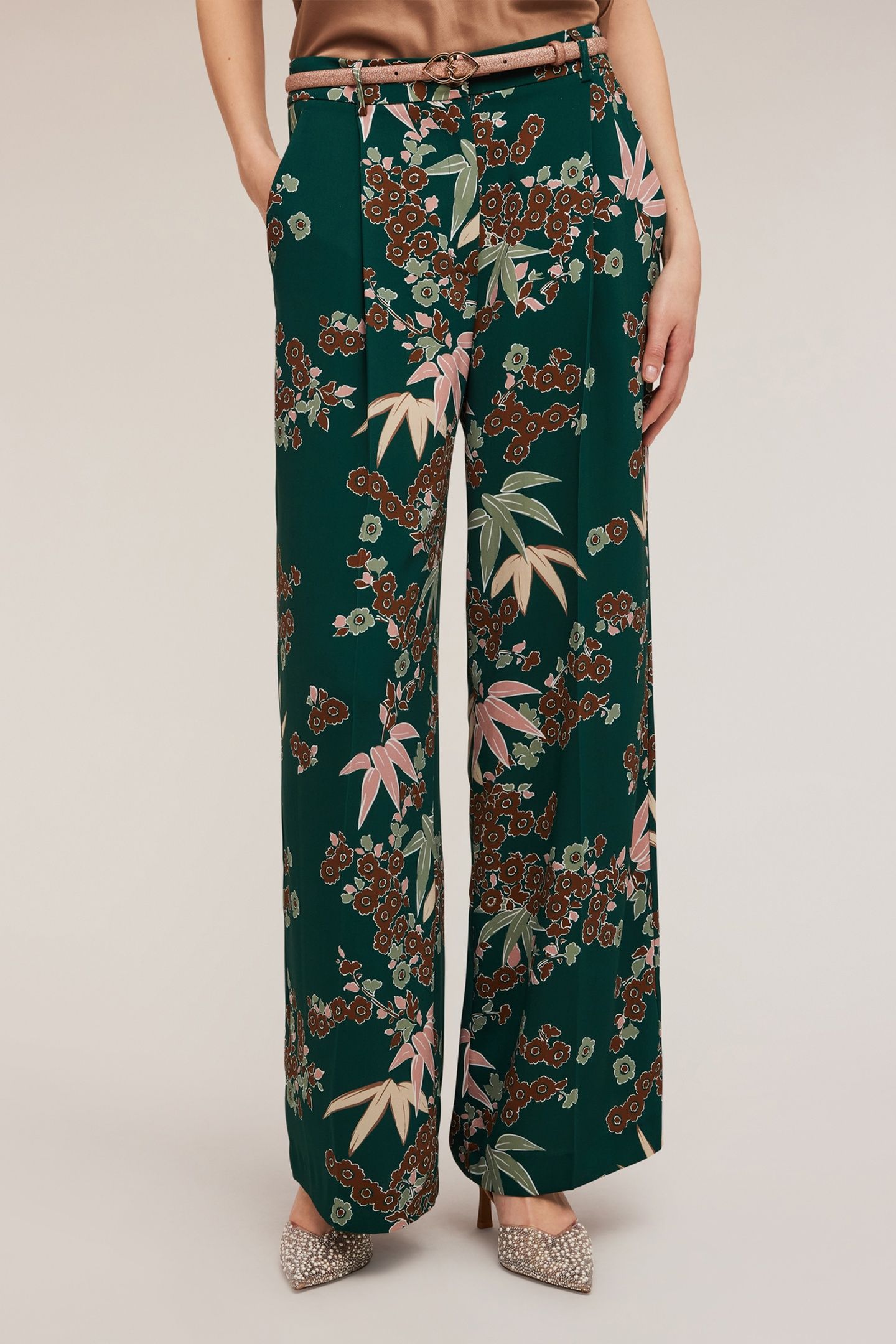 DECÒ PATTERNED PALAZZO TROUSERS WITH PLEATS GREEN 1
