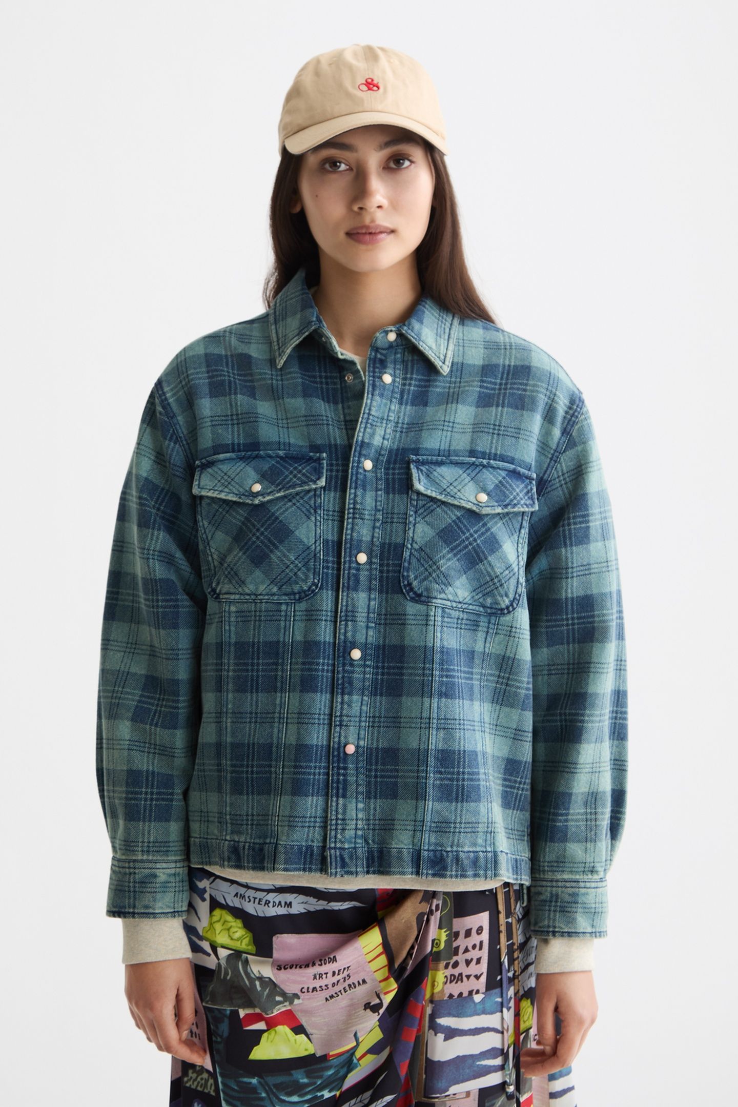 WASHED DENIM CHECKED LOOSE OVERSHIRT INDIGO CHECK 2