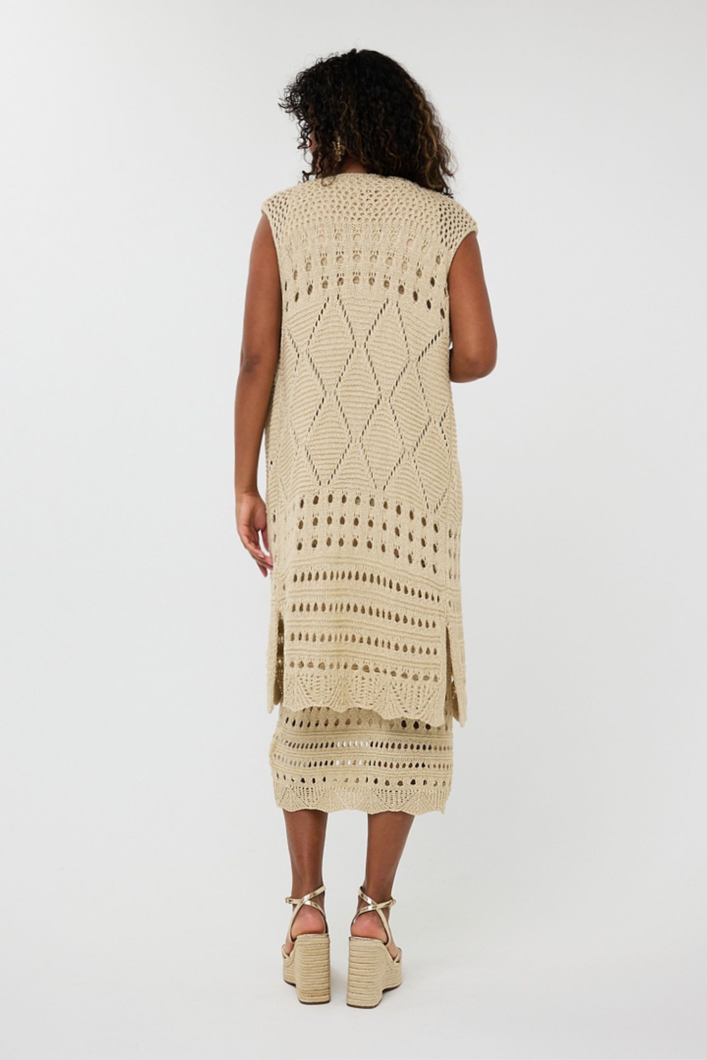 GILLET LONG FANCY OPEN KNIT LUREX LIGHT SAND 3