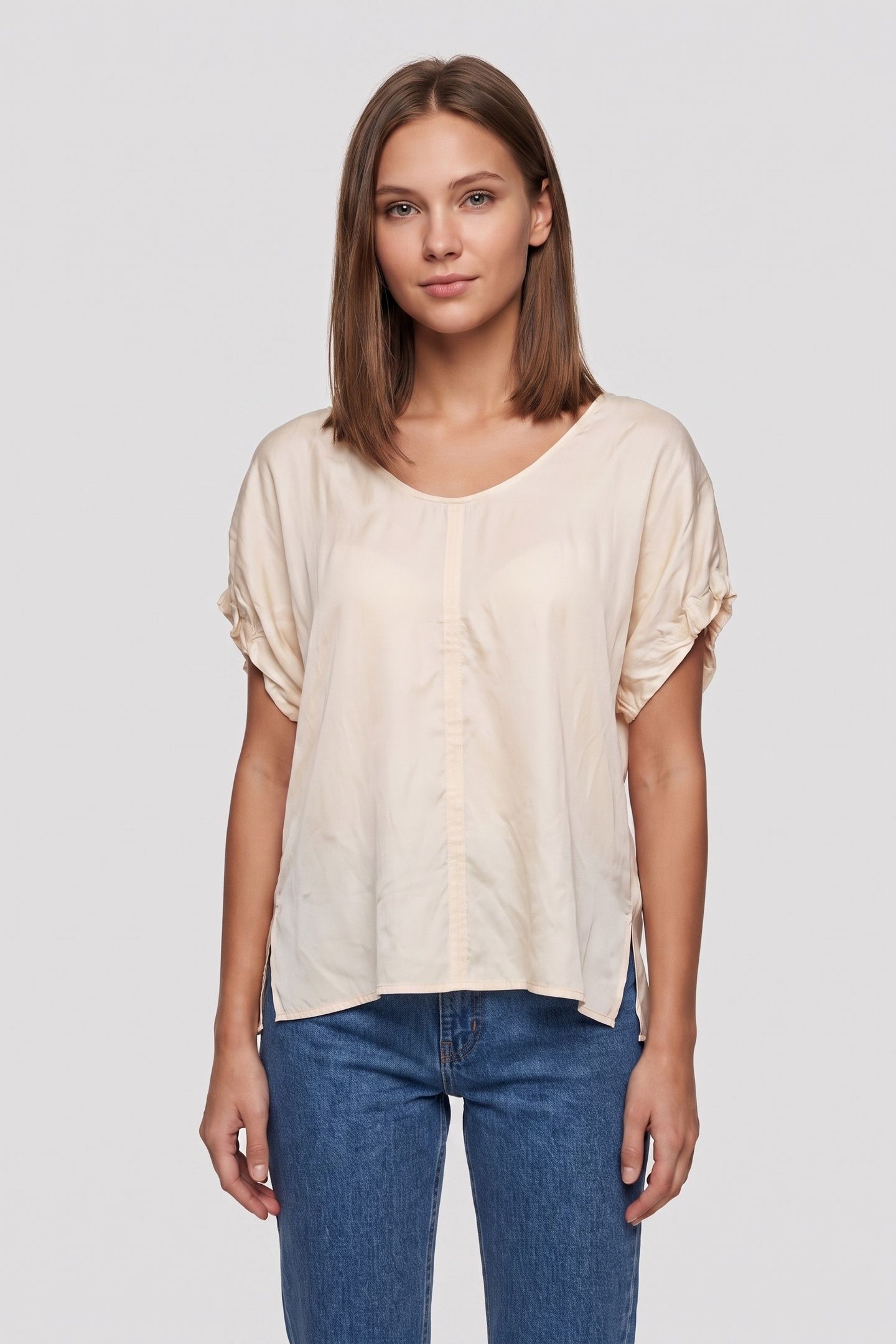 GARGANA GATHERED SLEEVE TOP BEIGE 1