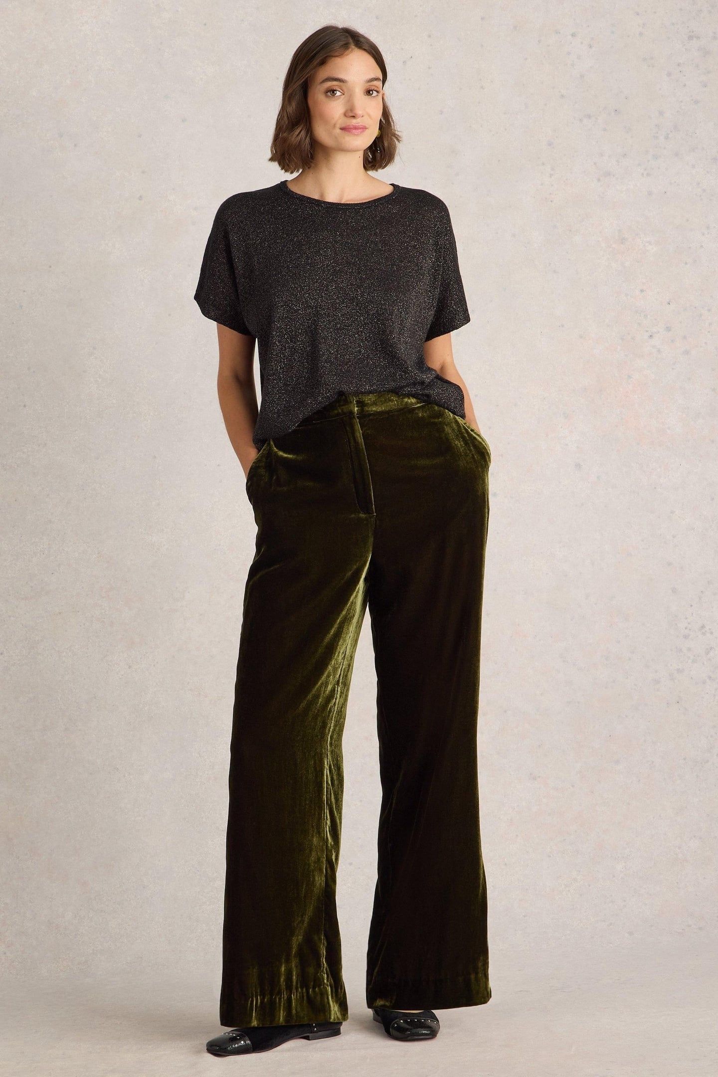 BELLE WIDE LEG VELVET TROUSER KHAKI GREEN 1