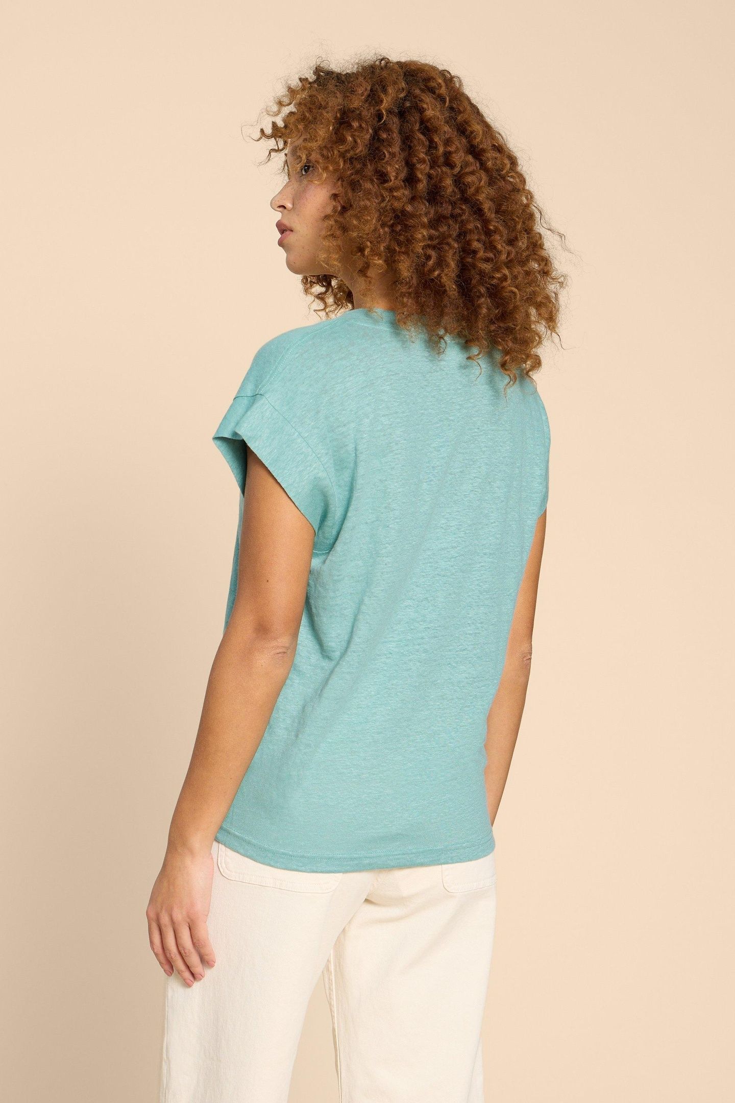 IVY LINEN V NECK TEE MID TEAL 3