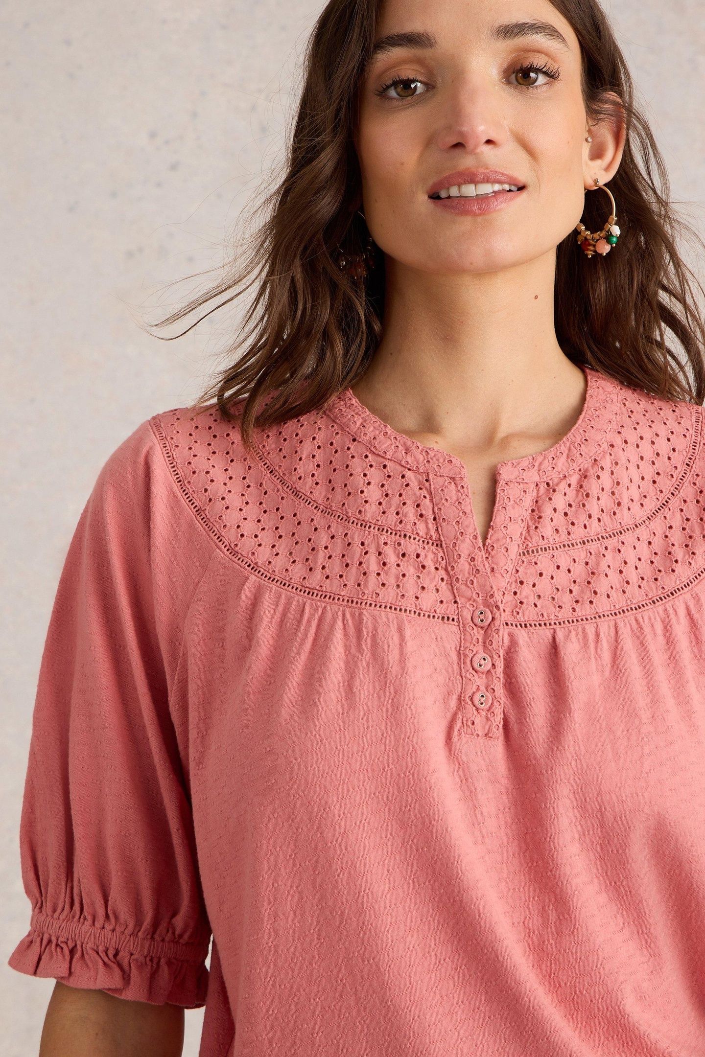 BLAIR BRODERIE NECK TOP MID PINK 6
