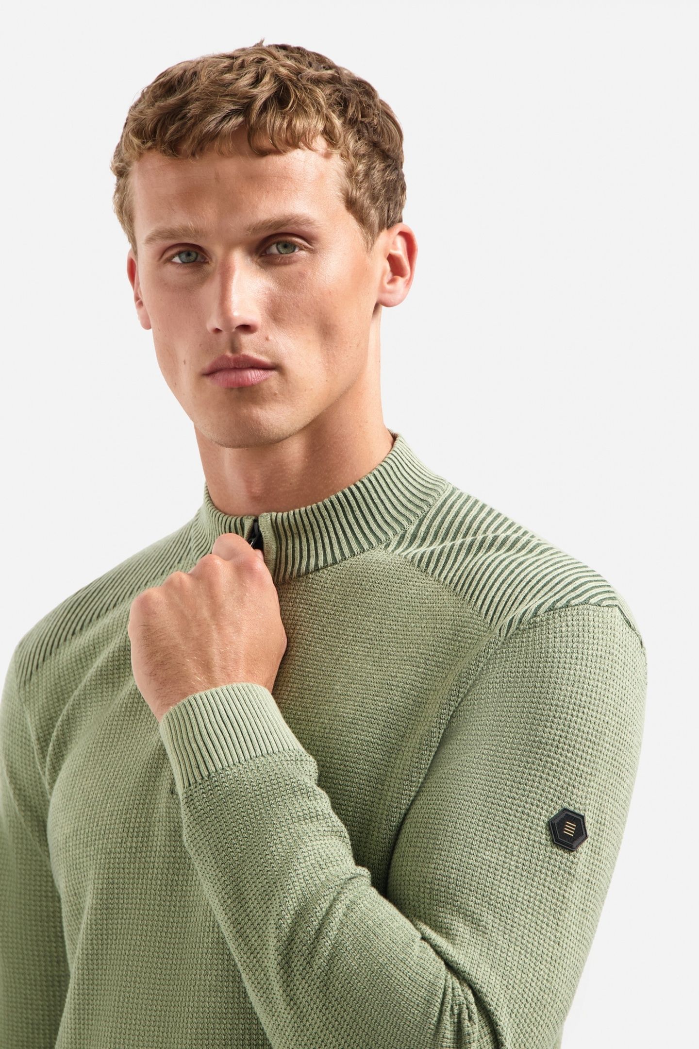 PULLOVER HALF ZIP PLATED STRUCTURE KNIT LIGHT MOSS 2