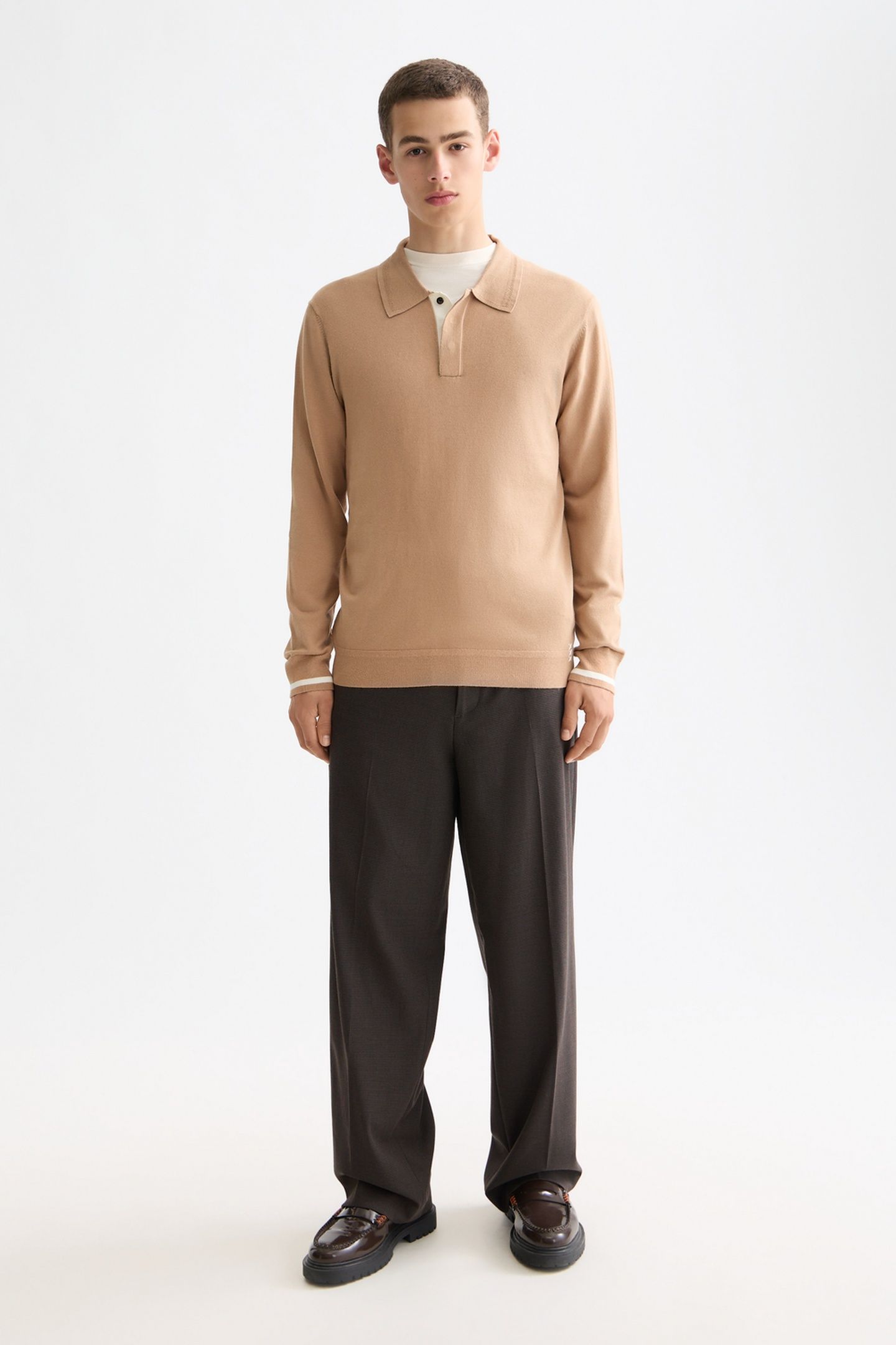 ECOVERO BLEND KNITTED LONG SLEEVE POLO TANNIN 1