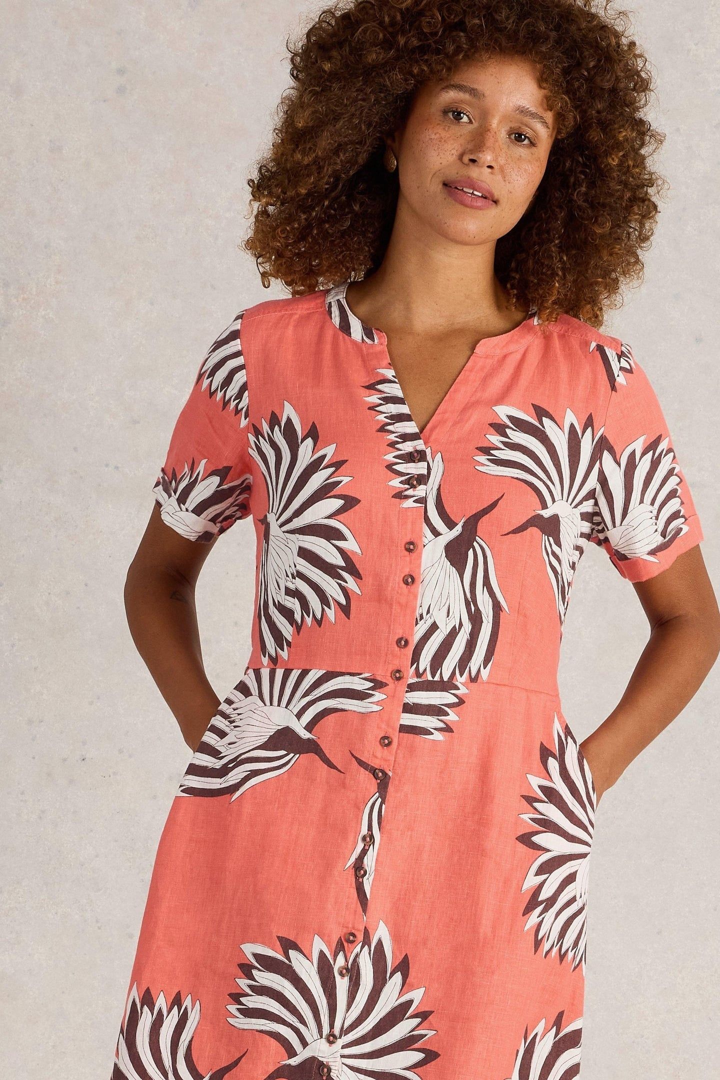IRIS LINEN DRESS CORAL PRINT 1