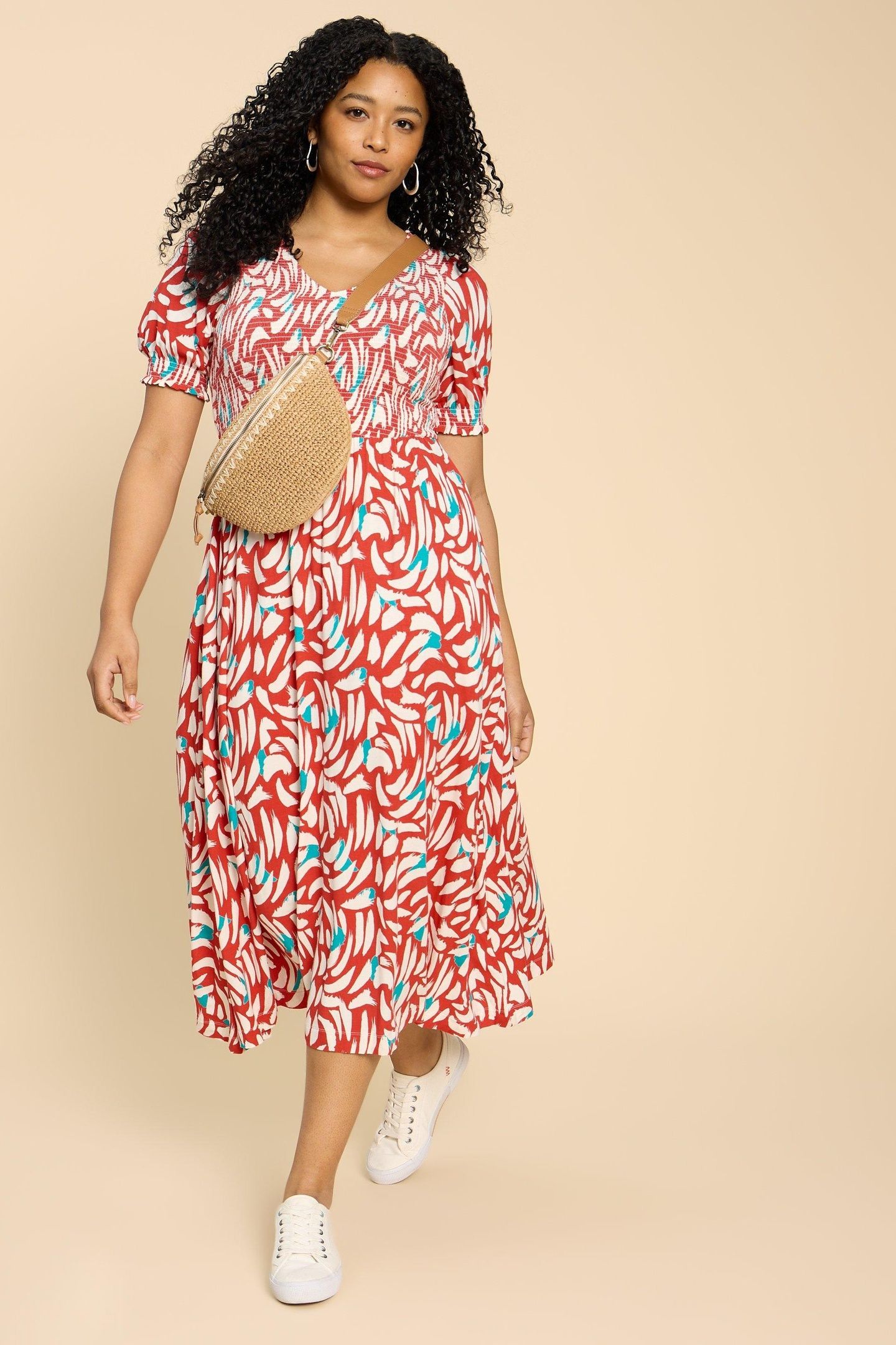 EMILY SHIRRED JERSEY DRESS RED PRINT 1