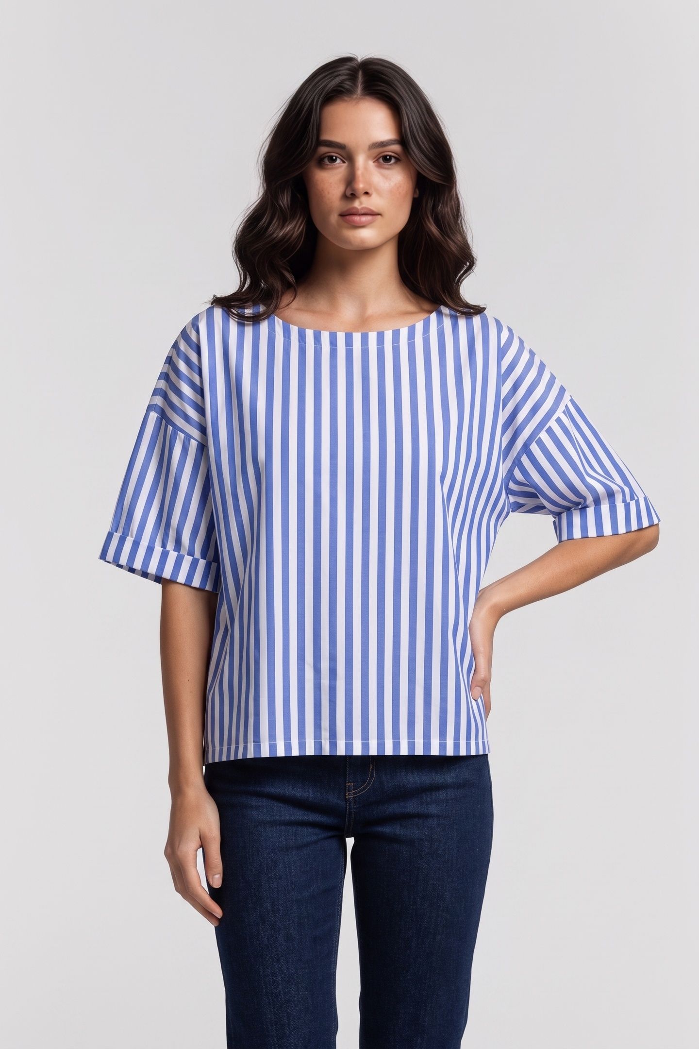 COTTON STRIPE BLOUSE SKYWAY BLUE 1