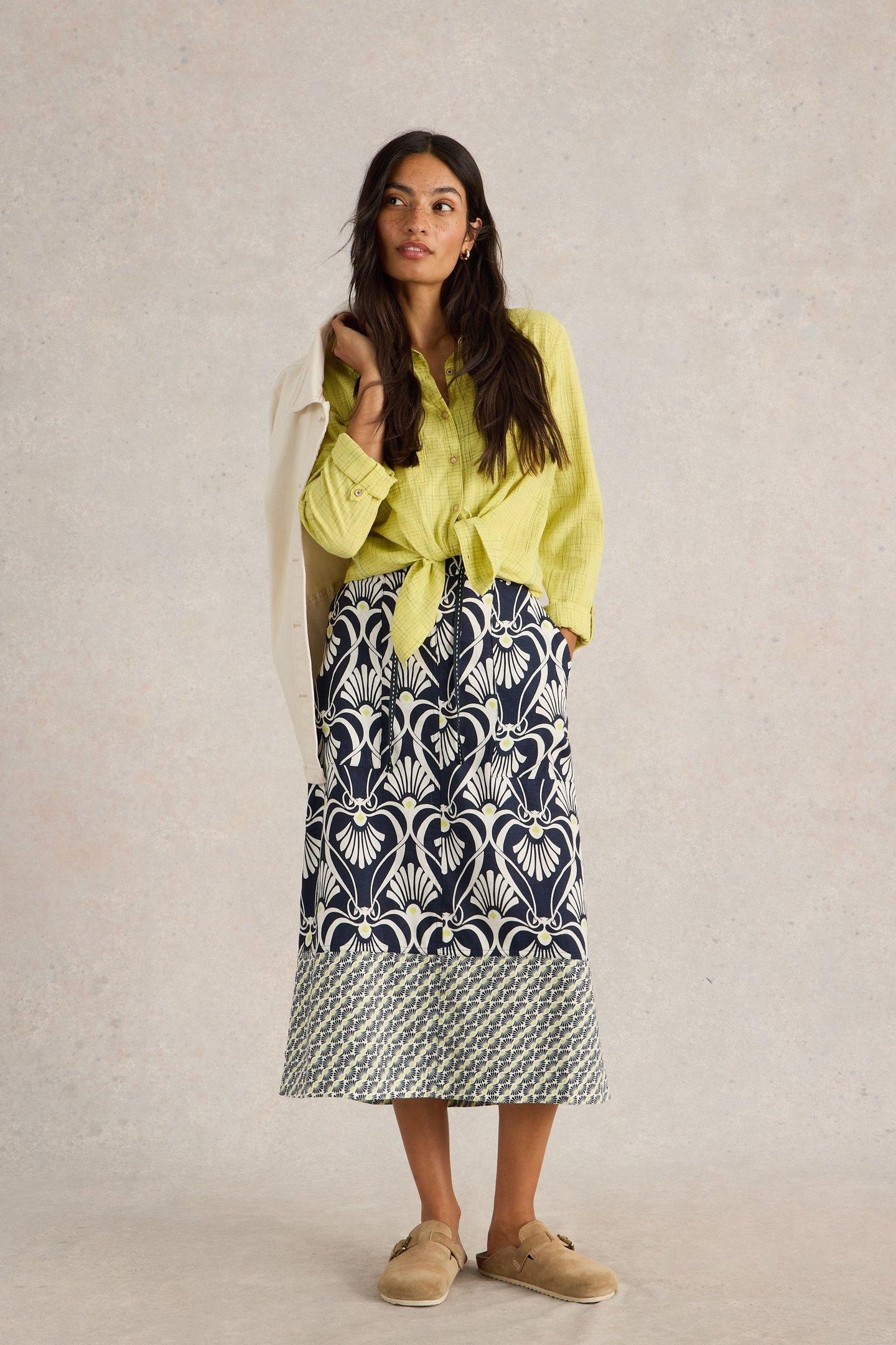 ELLE LINEN BLEND SKIRT NAVY PRINT 1