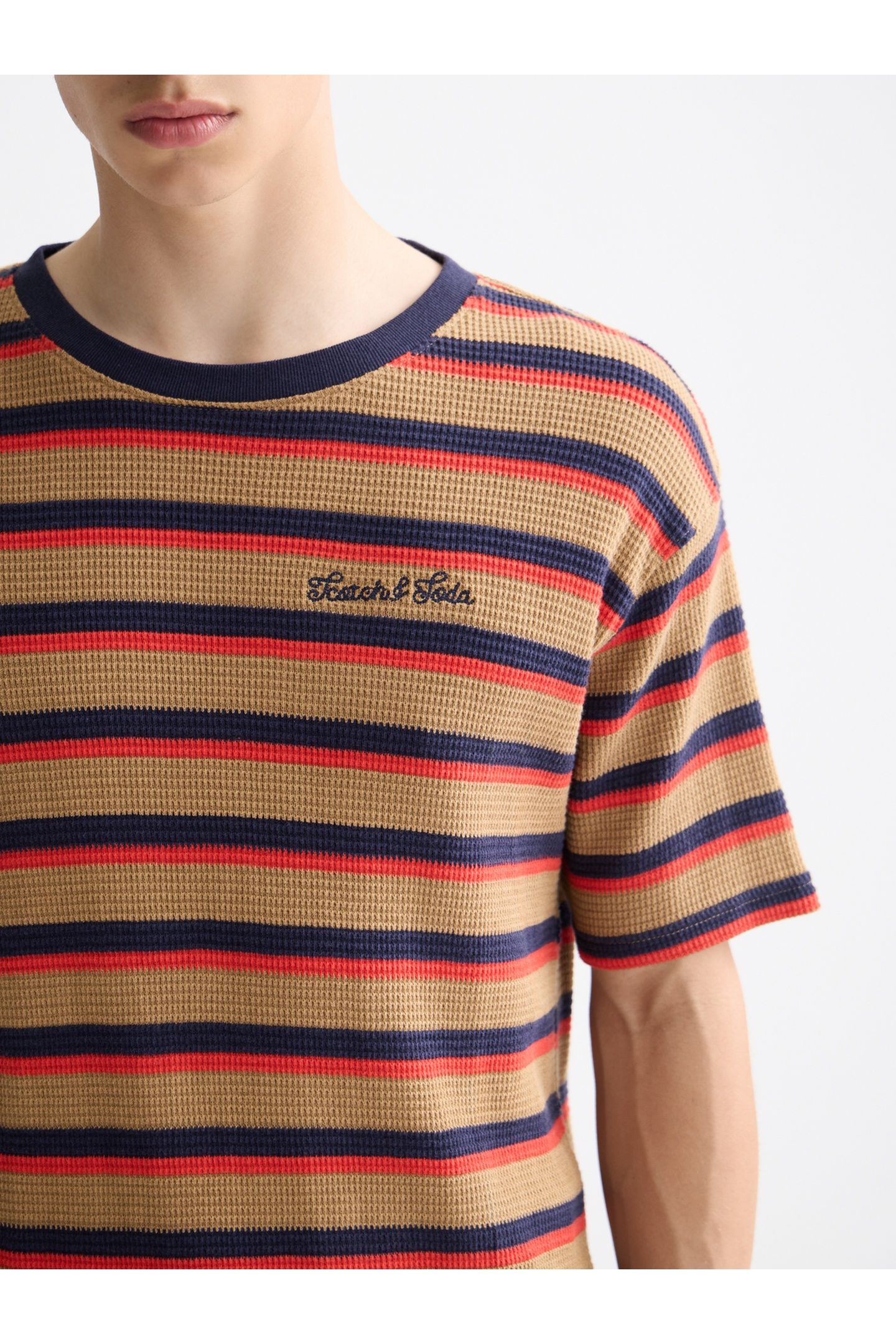RELAXED FIT CHUNKY WAFFLE STRIPE T-SHIRT LIGHT BROWN MULTI S 4