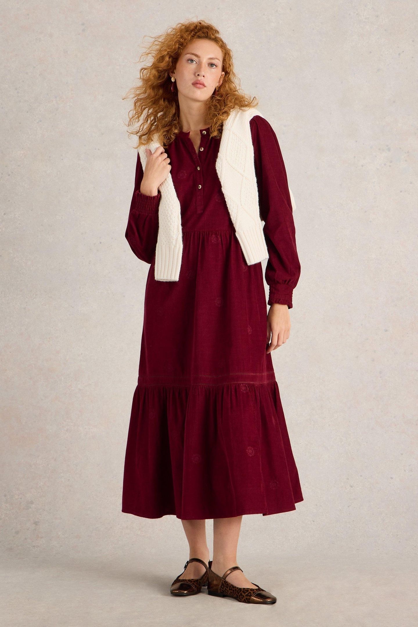 FINN EMBROIDERED CORD DRESS DARK PLUM 1