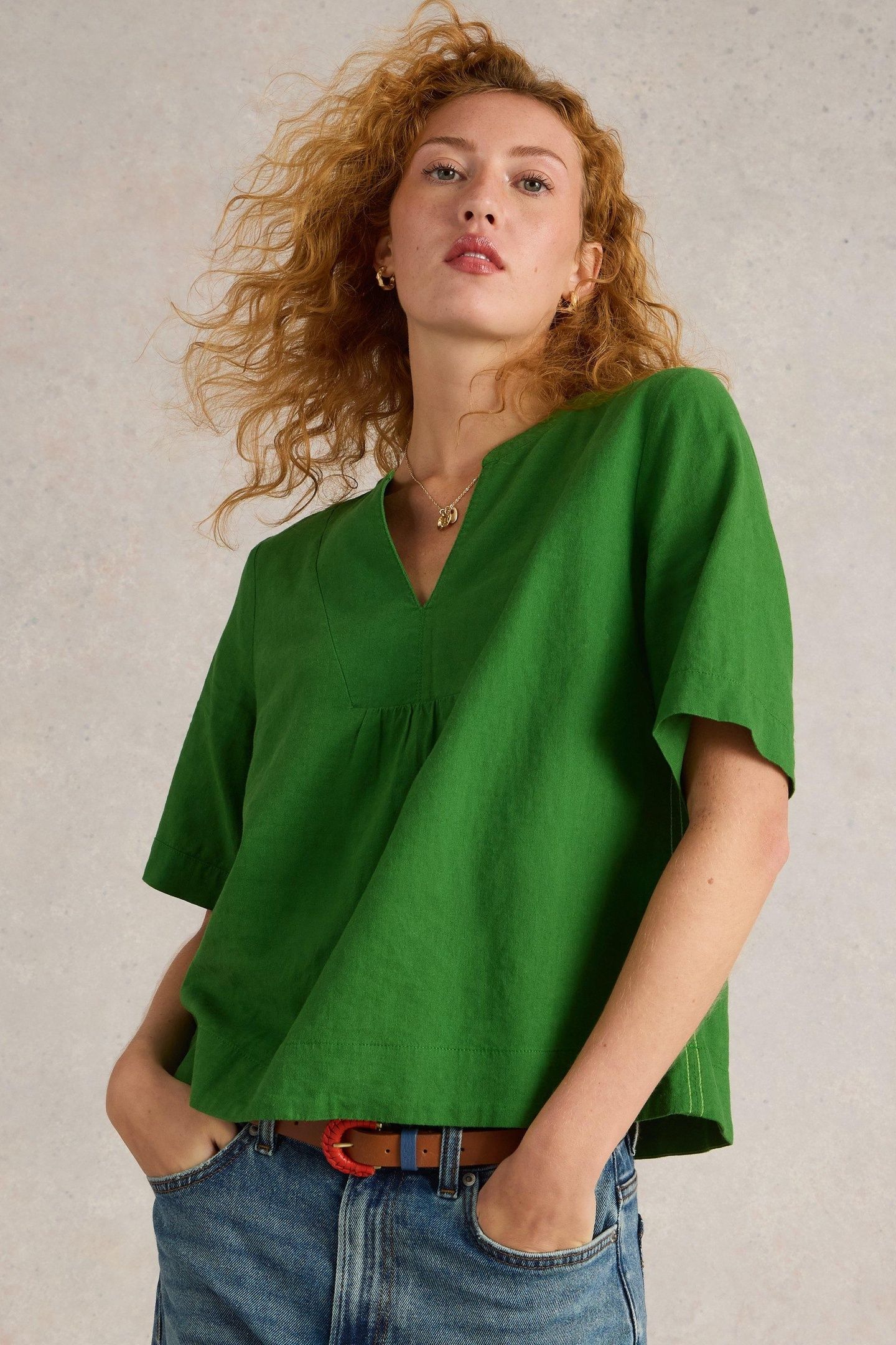 ASH LINEN BLEND TOP MID GREEN 1