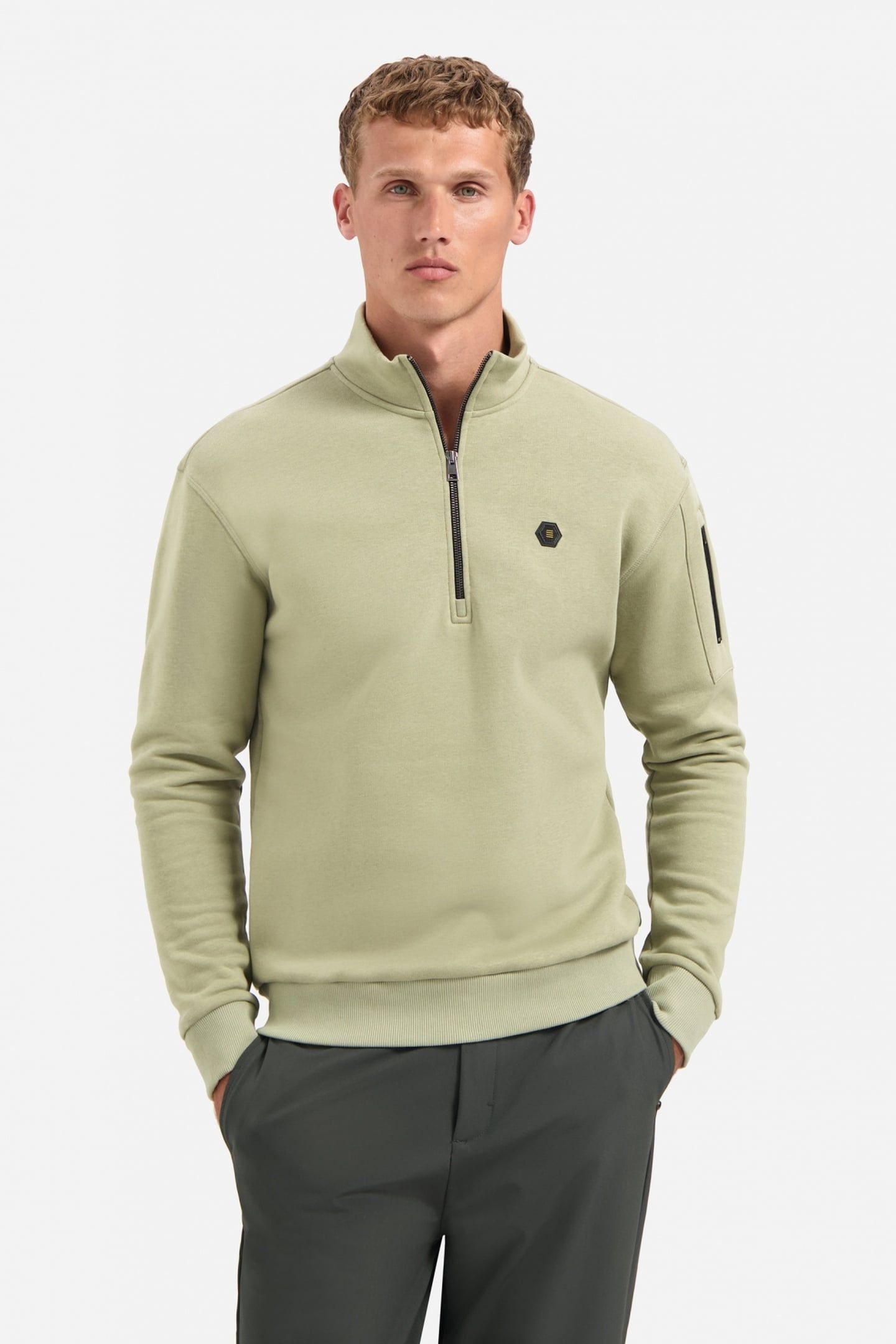 SWEATER HALF ZIP BRUSHED LIGHT MOSS 1
