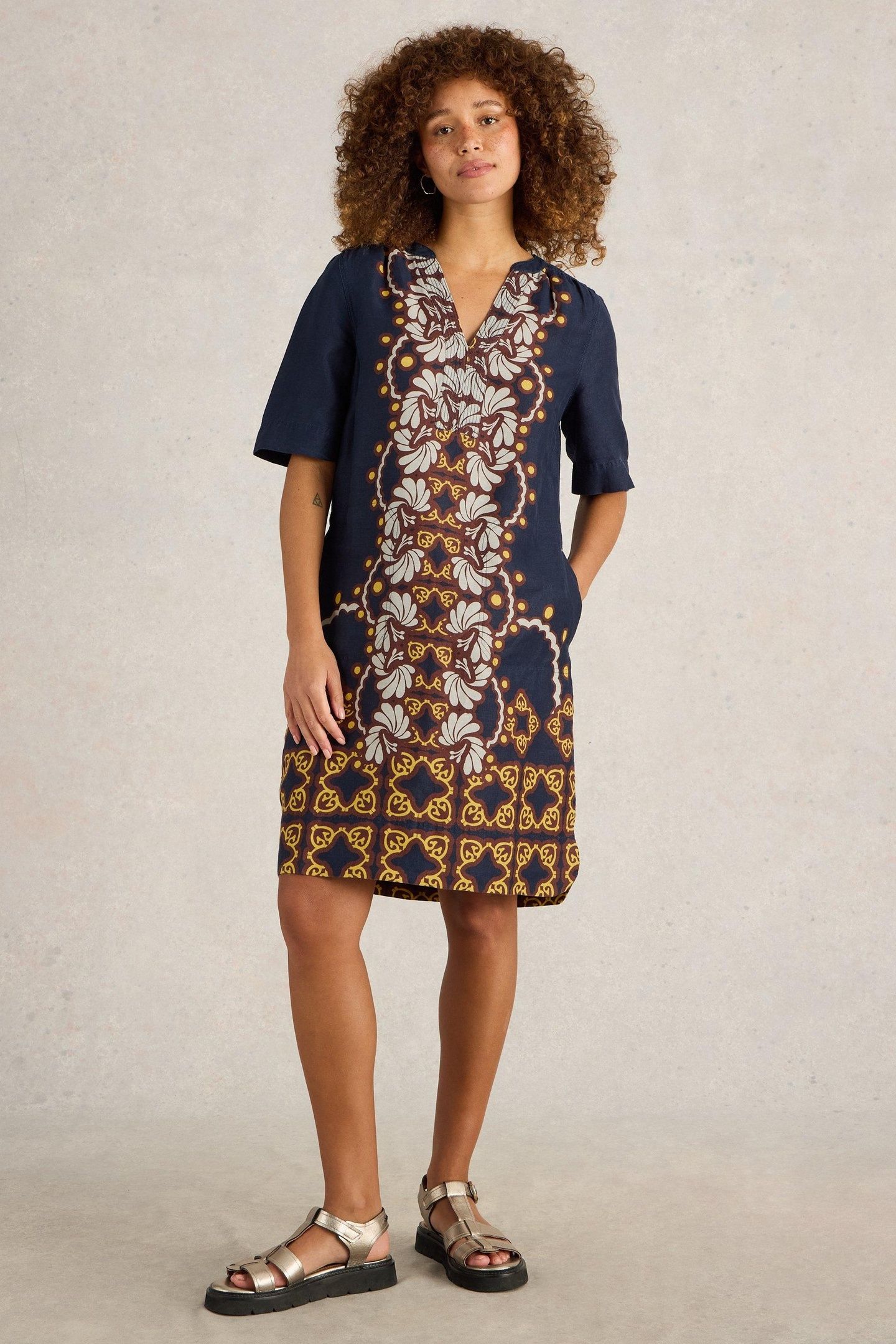 JUNE LINEN DRESS NAVY MULTI 2
