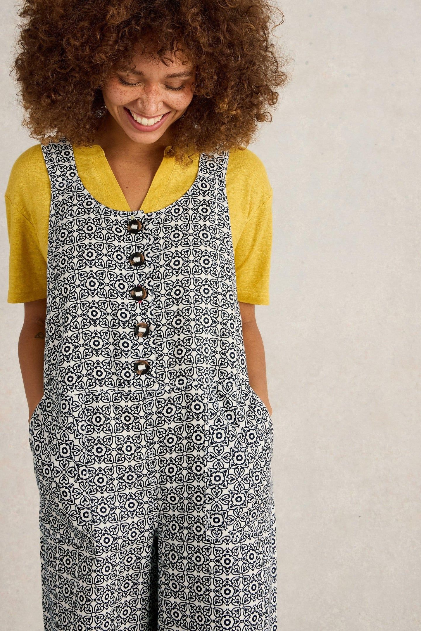 VIOLA LINEN DUNGAREE WHITE PRINT 1