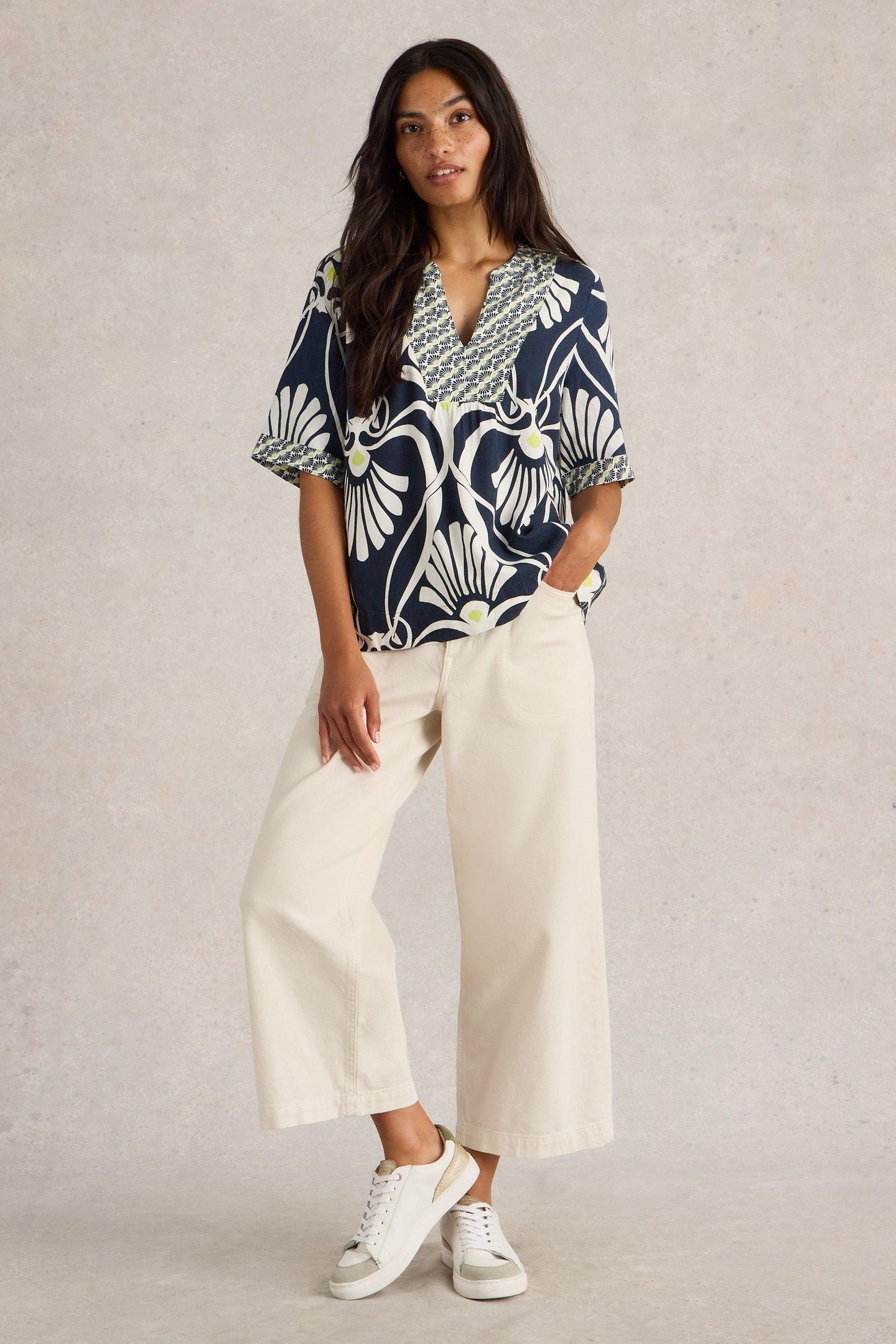 ASH LINEN BLEND TOP NAVY PRINT 2