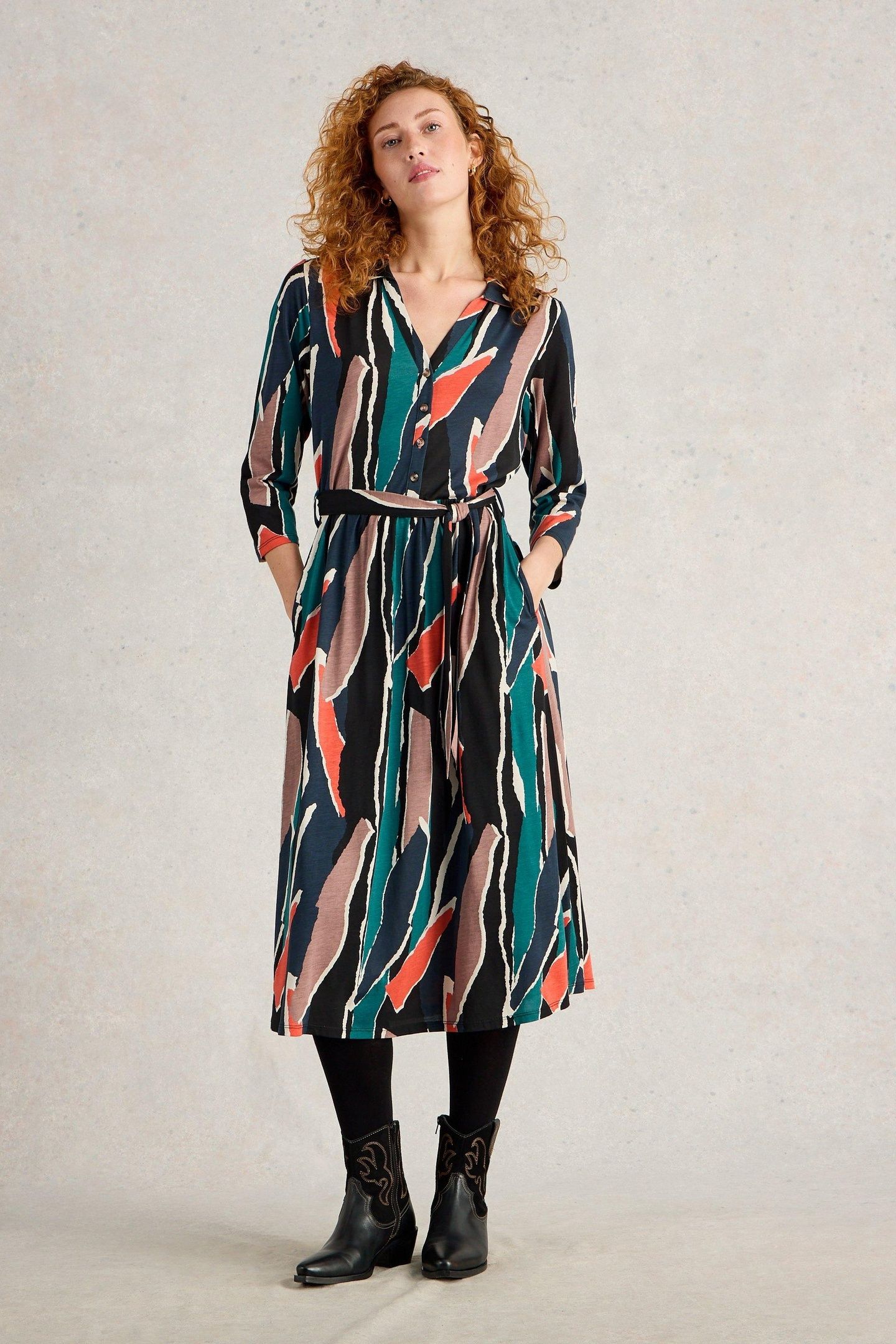 AVA JERSEY SHIRT DRESS BLACK MULTI 1