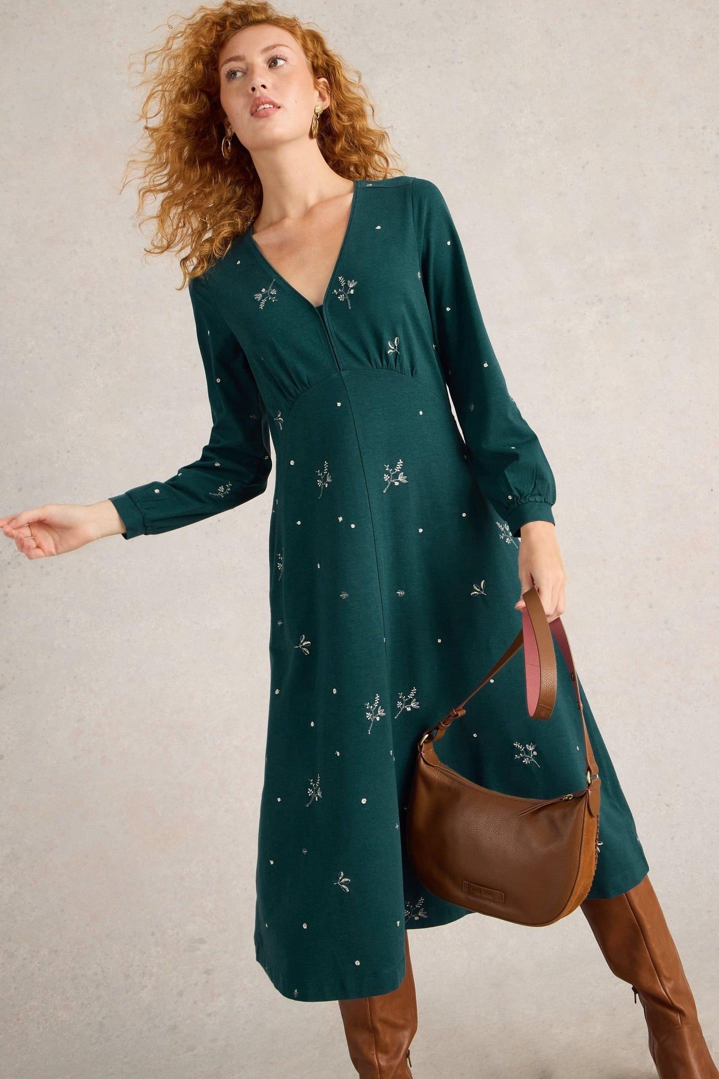MEGAN EMBROIDERED JERSEY DRESS TEAL MULTI 2
