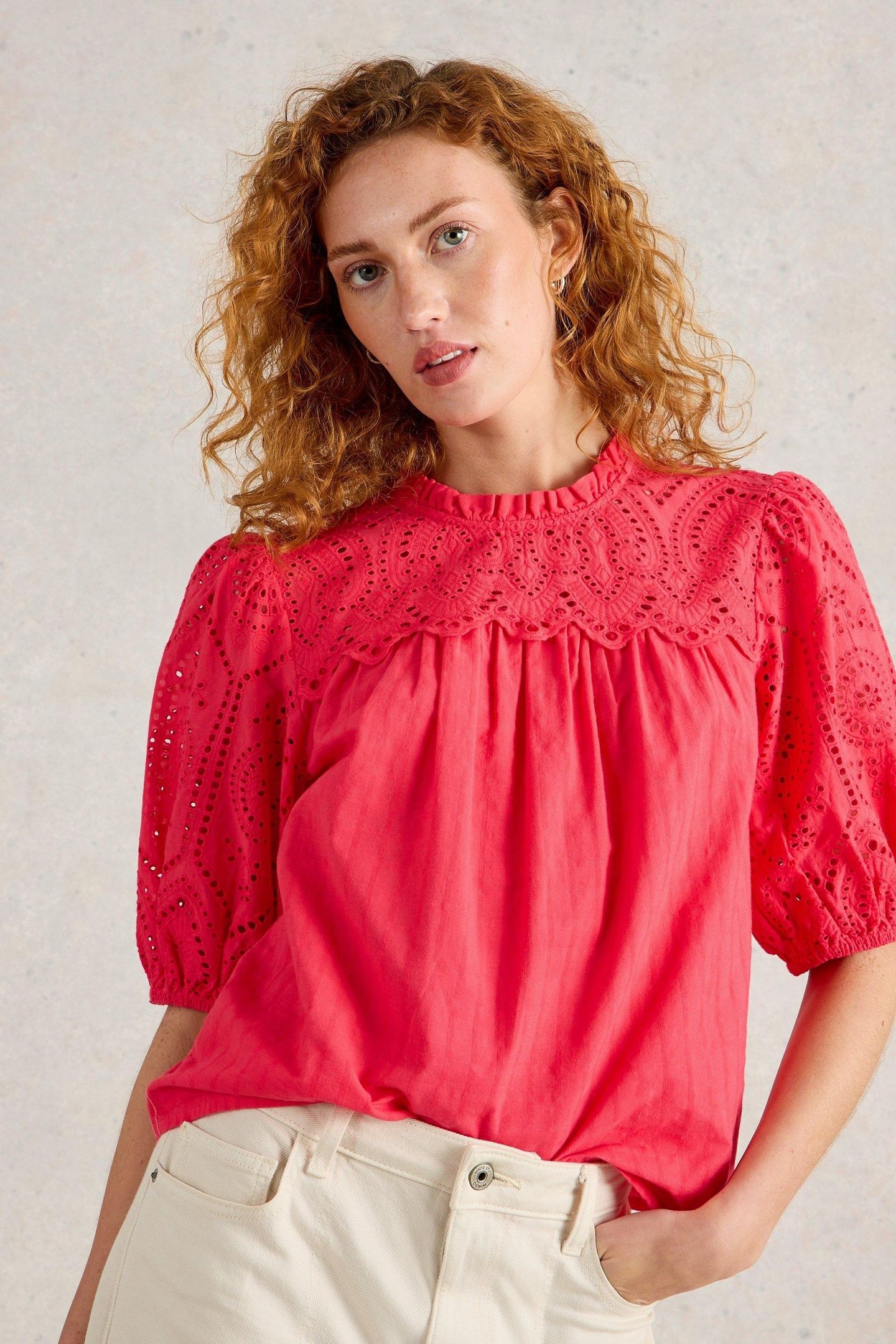 LEXI COTTON BRODERIE TOP BRIGHT PINK 2