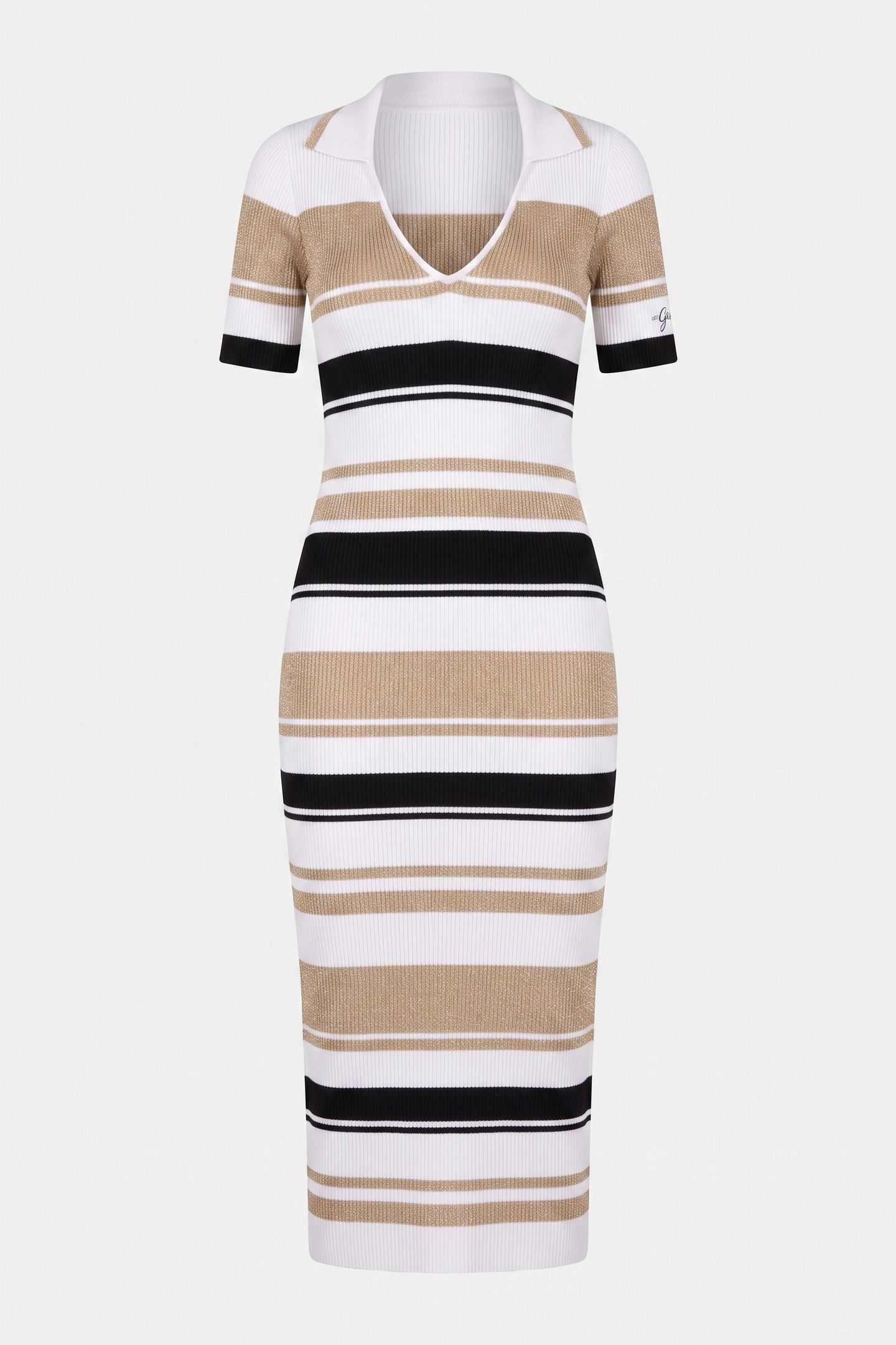 GUESS ECO EVIE STRIPED POLO DR WHITE BLACK GOLD STR 3
