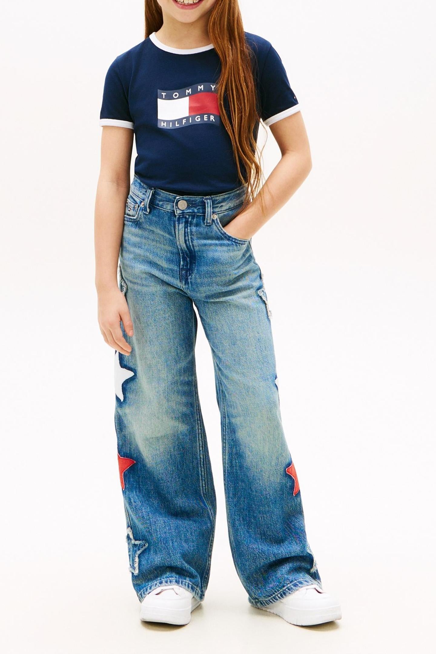 GIRLS WAVY FLAG RINGER TEE DARK NIGHT NAVY 2