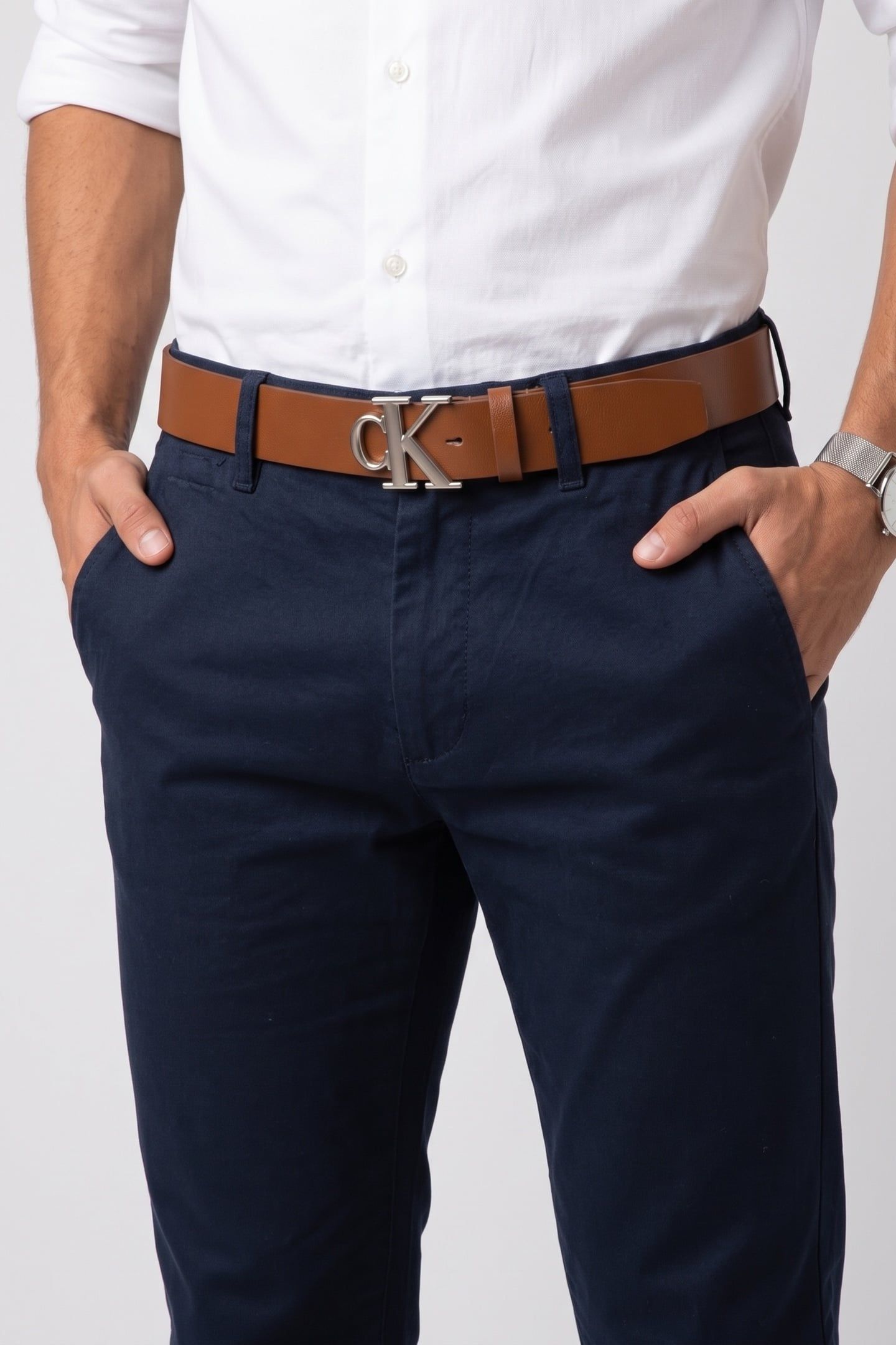 CK BUCKLE TUMBLED 35 BELT COGNAC/PEWTER 1