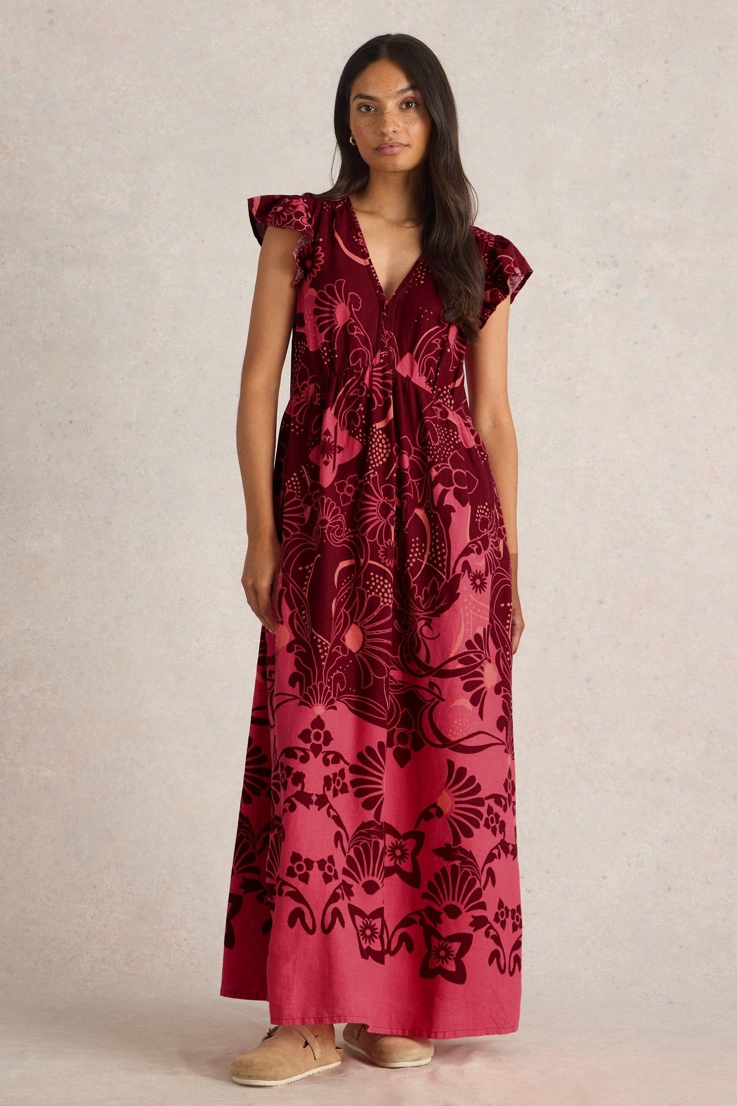 LORNA LINEN BLEND MAXI DRESS RED MULTI 1