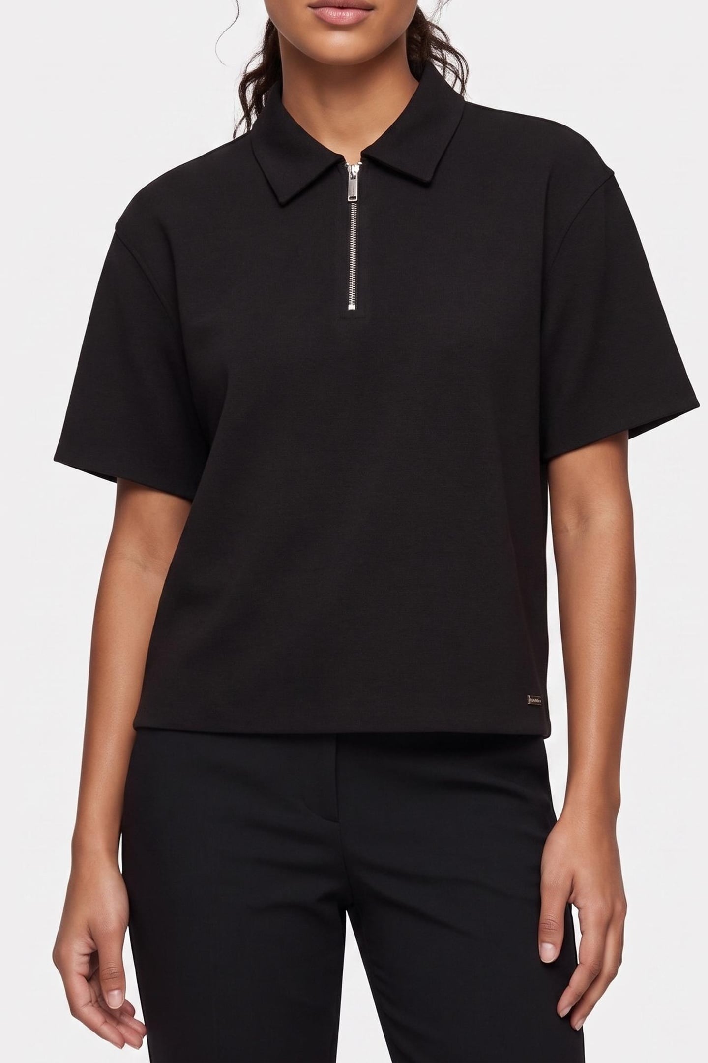 SHORT SLEEVE TAILORED KNIT COLLAR TOP BLACK 1