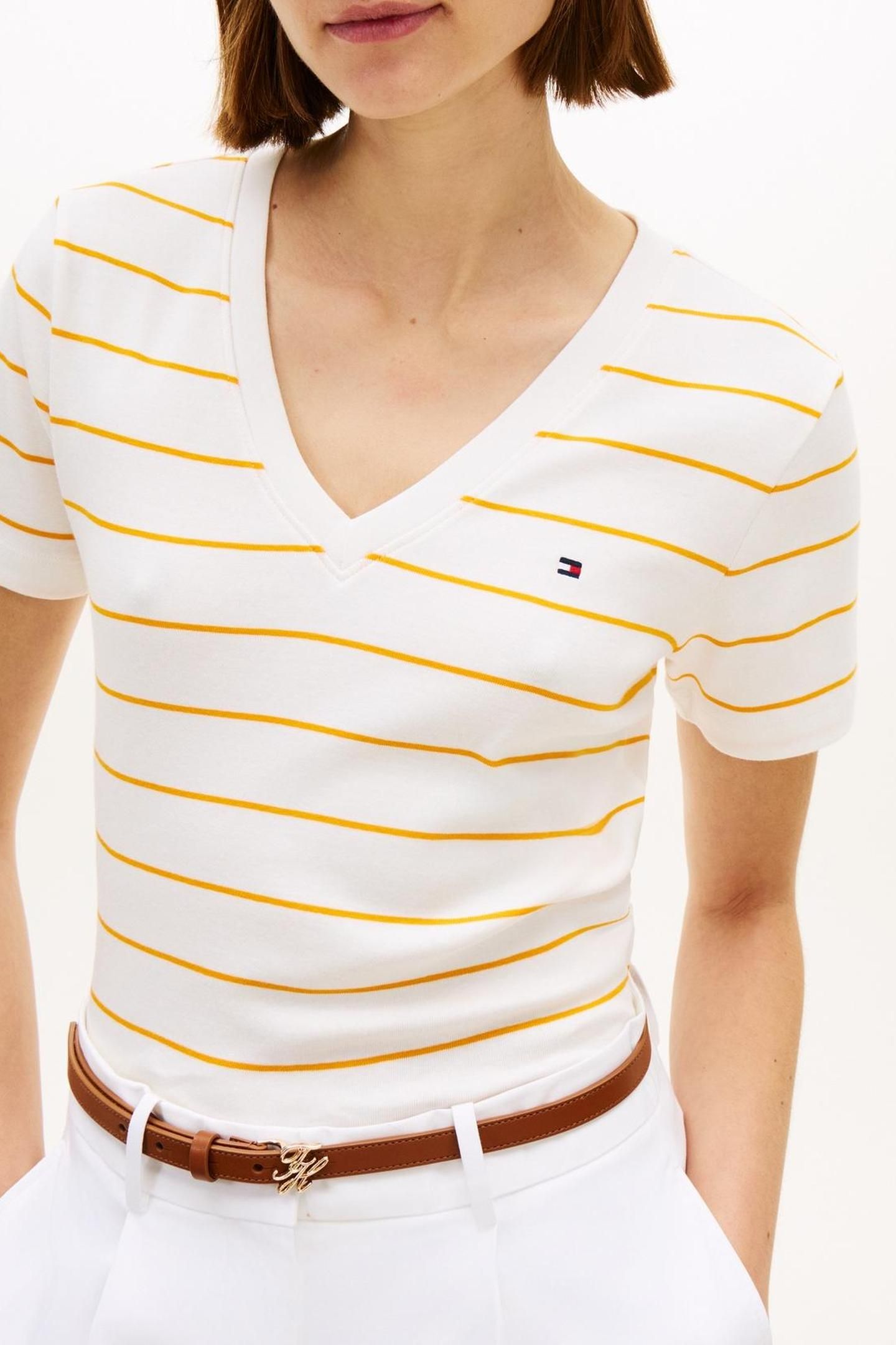 SLIM CODY V-NECK SS FINE ECRU/ORANGE FLASH 5