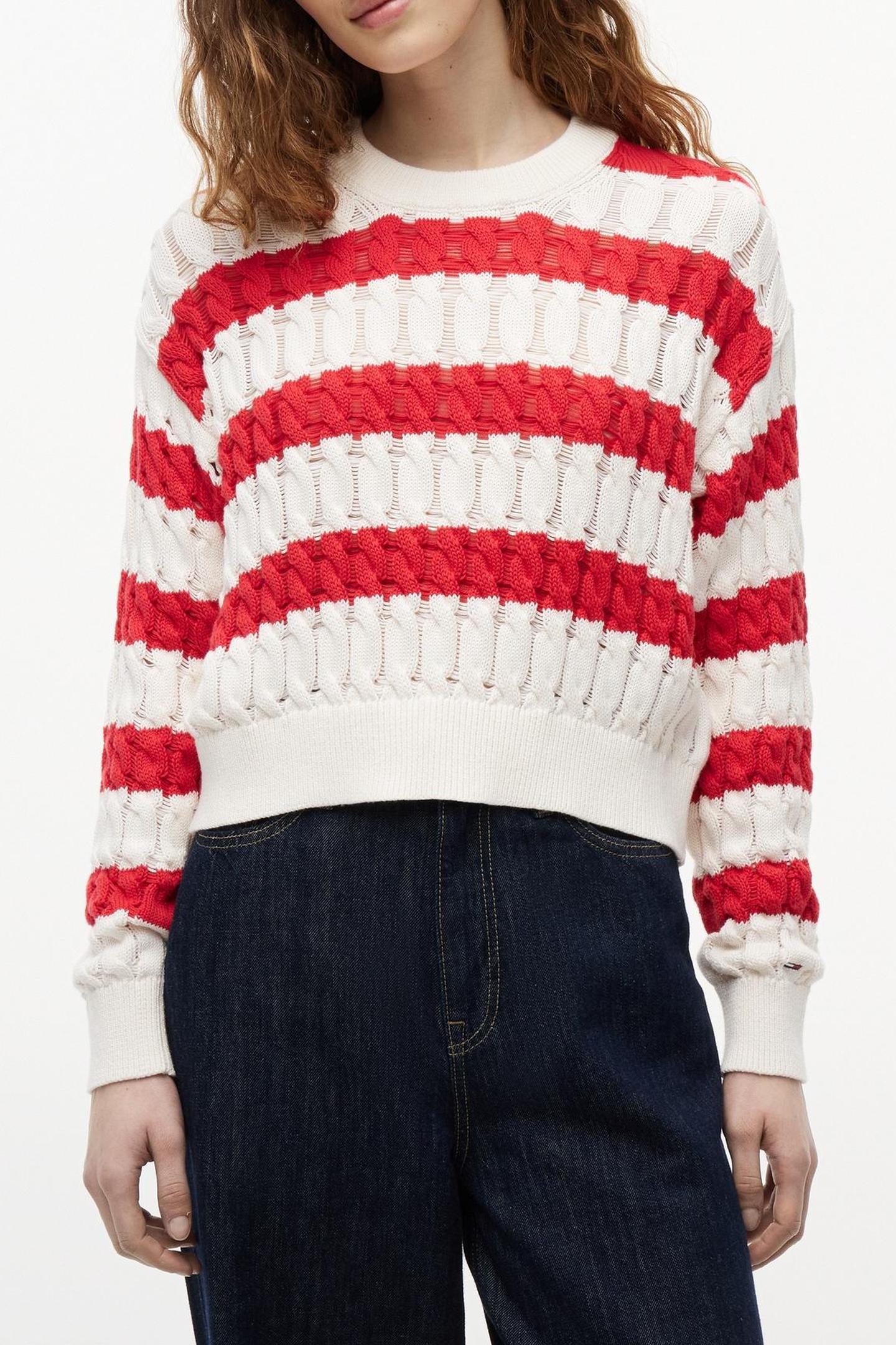 LOOSE CABLE SWEATER AMARYLLIS RED/STRIPE 2