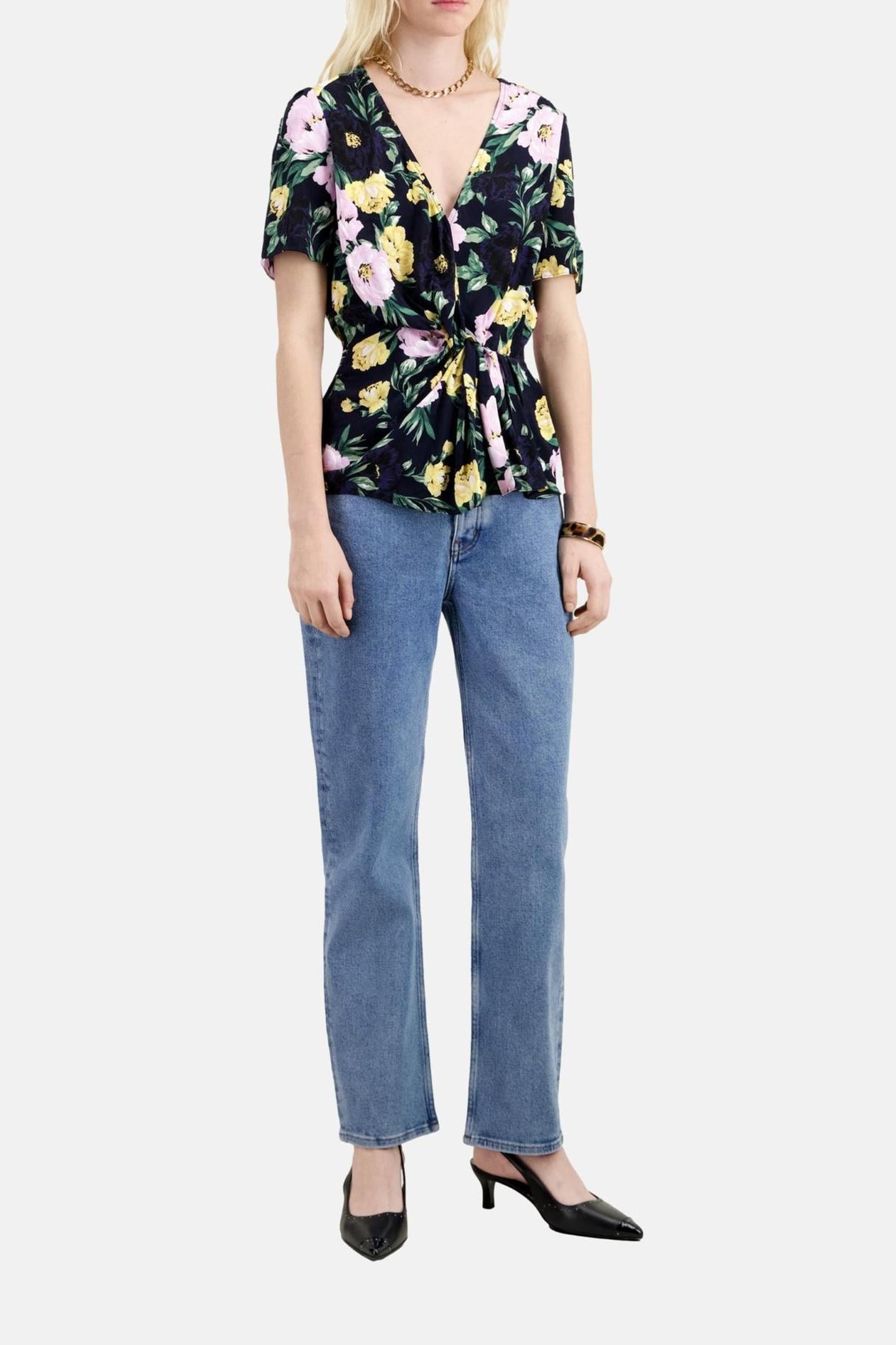 SHORT-SLEEVED TOP WITH TIE LIGHTPINK/DARKNAVY 1
