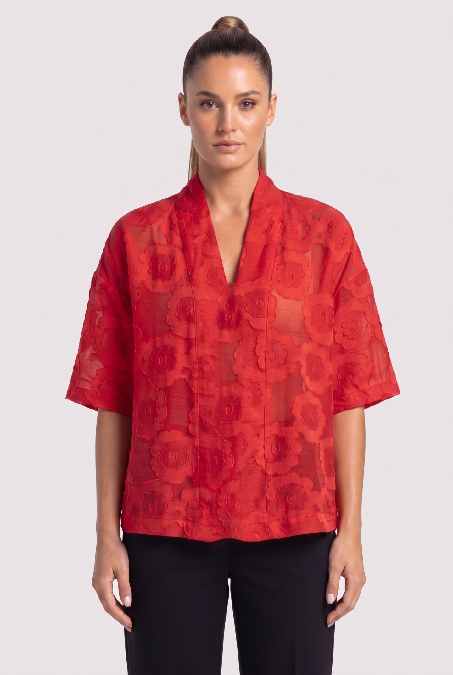 EMBROIDERED FLOWER V-NECK TOP BRIGHT RED 1