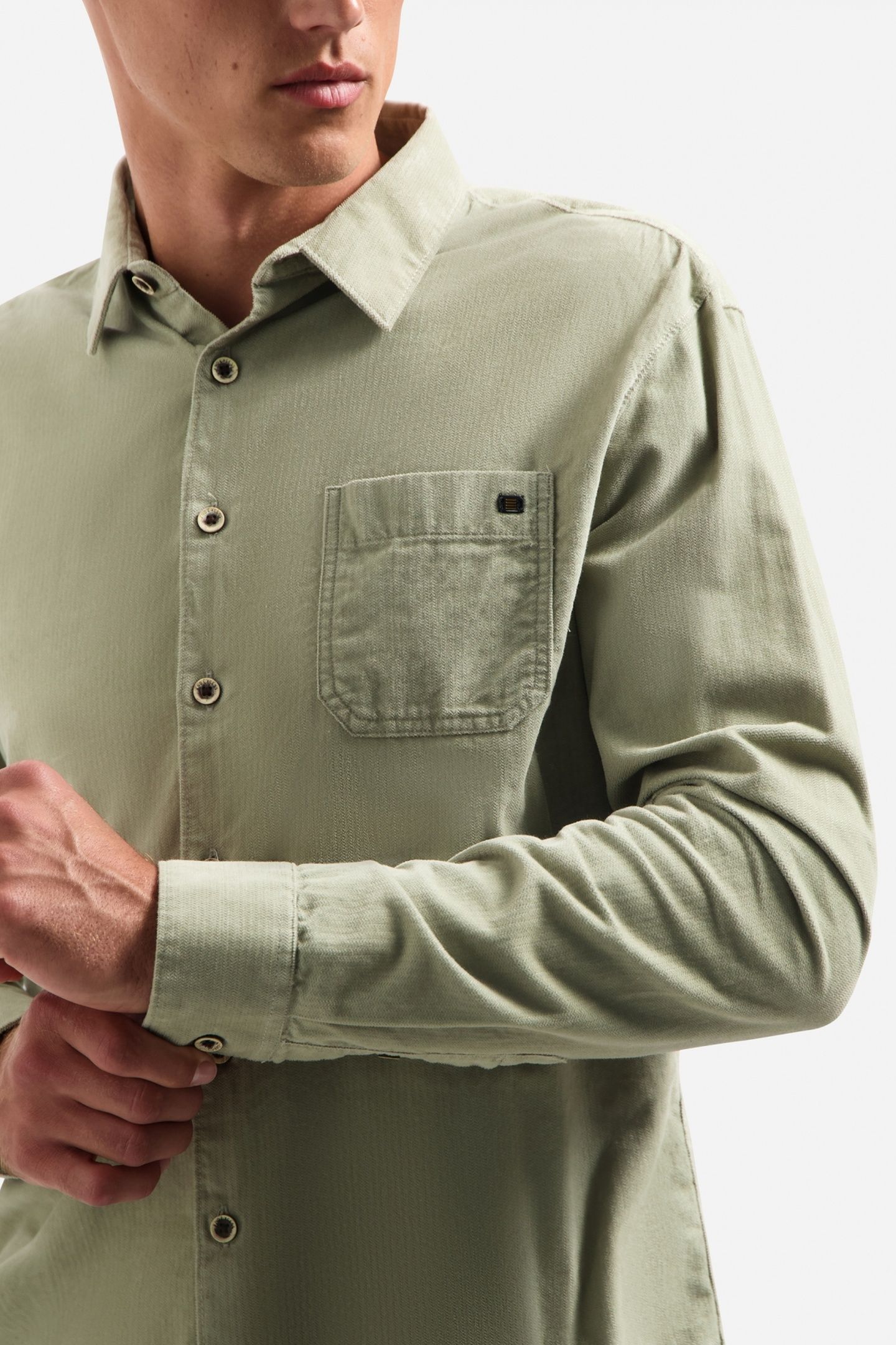SHIRT SOLID FINE HERRINGBONE LIGHT MOSS 7