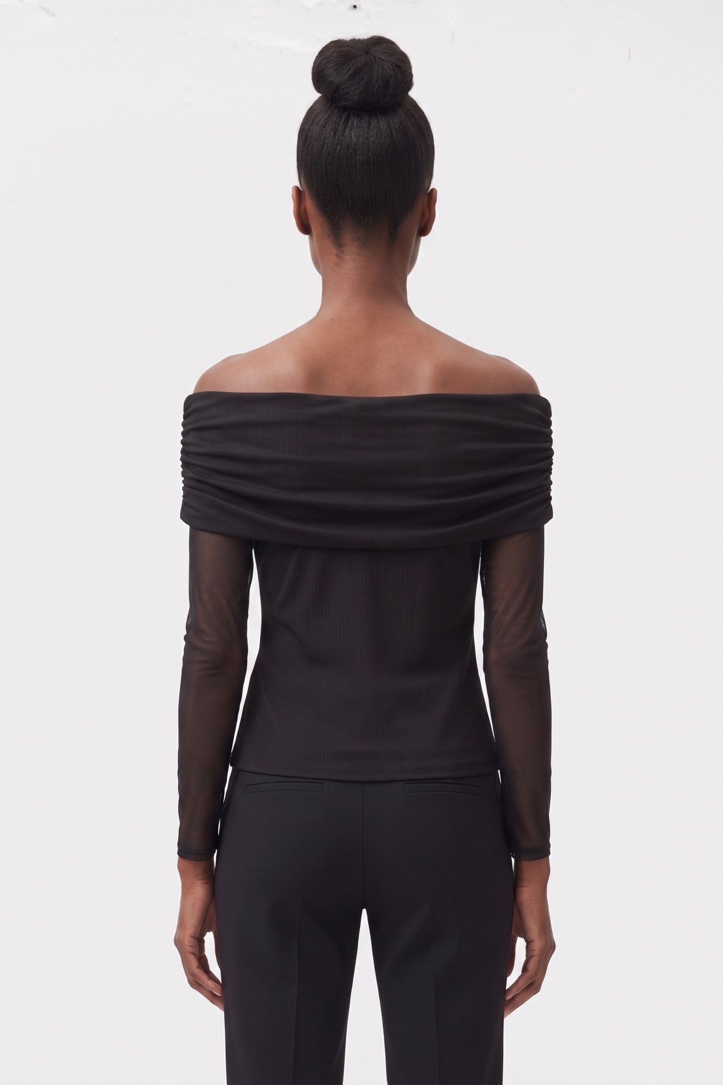 STRETCH BOAT NECK LONG SLEEVE MESH TOP BLACK 2