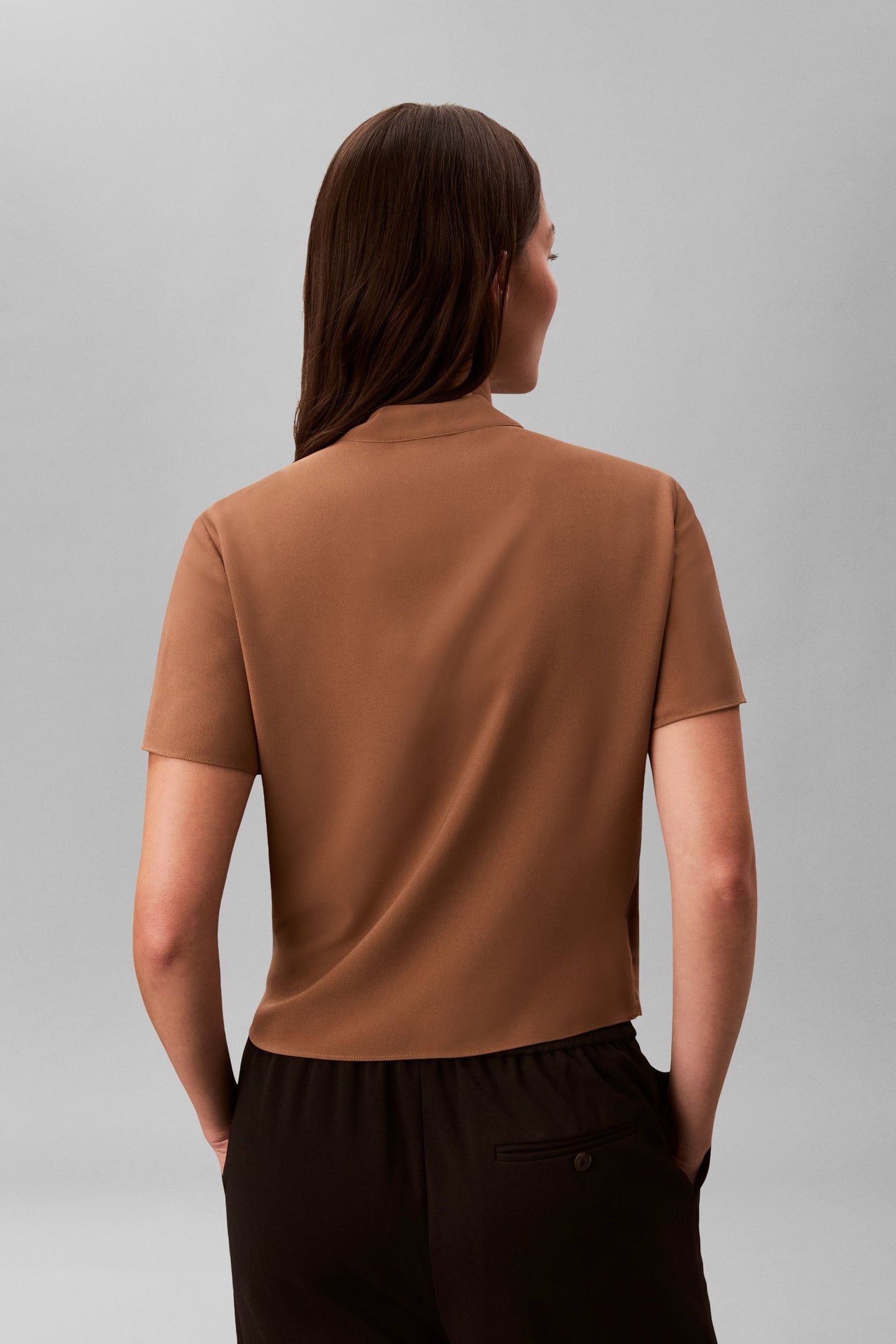 CREPE SHORT SLEEVE DRAPED WRAP TOP EXECUTIVE BROWN 3