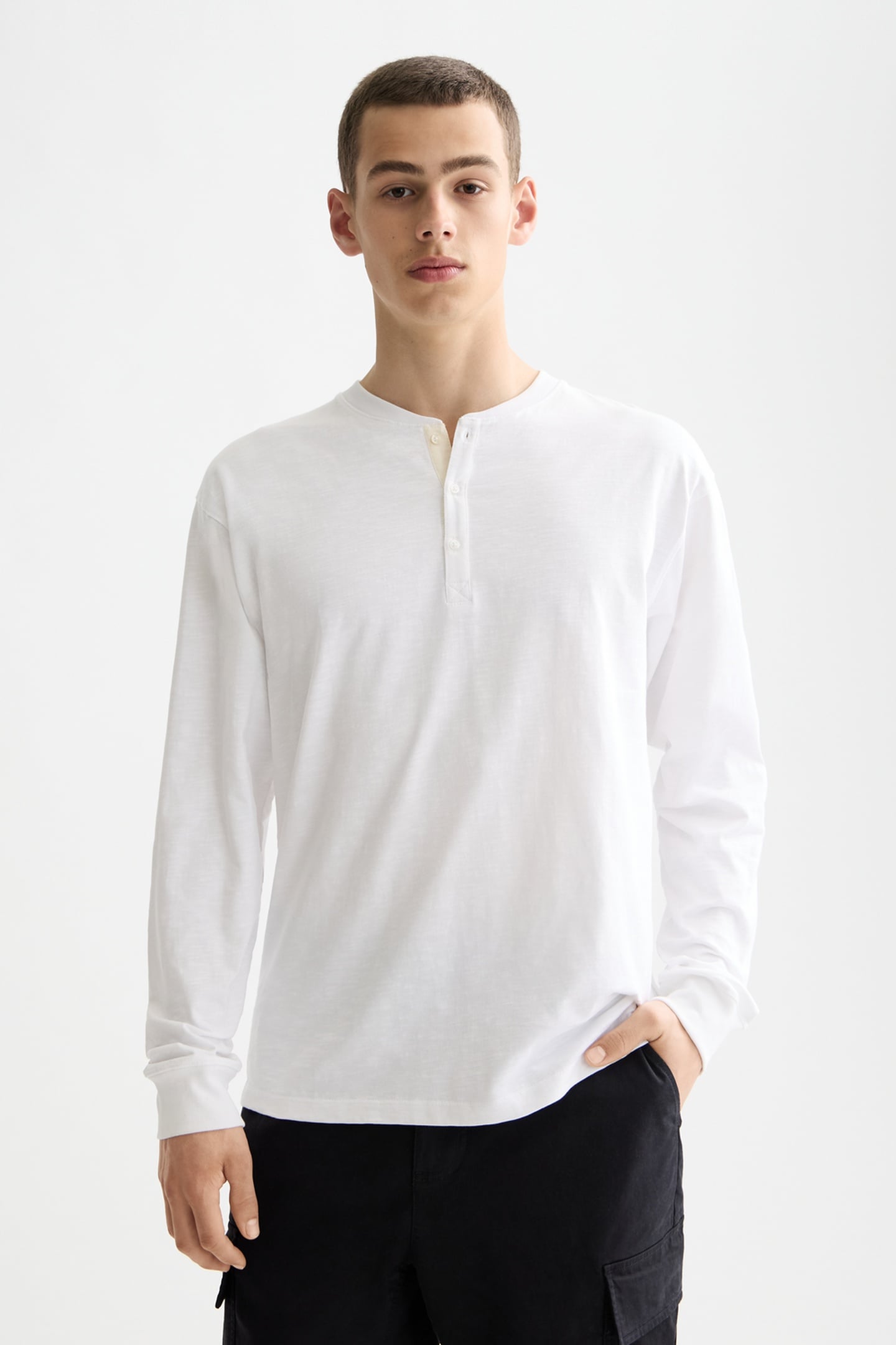 SLUB HENLEY T-SHIRT LS BRIGHT WHITE 1