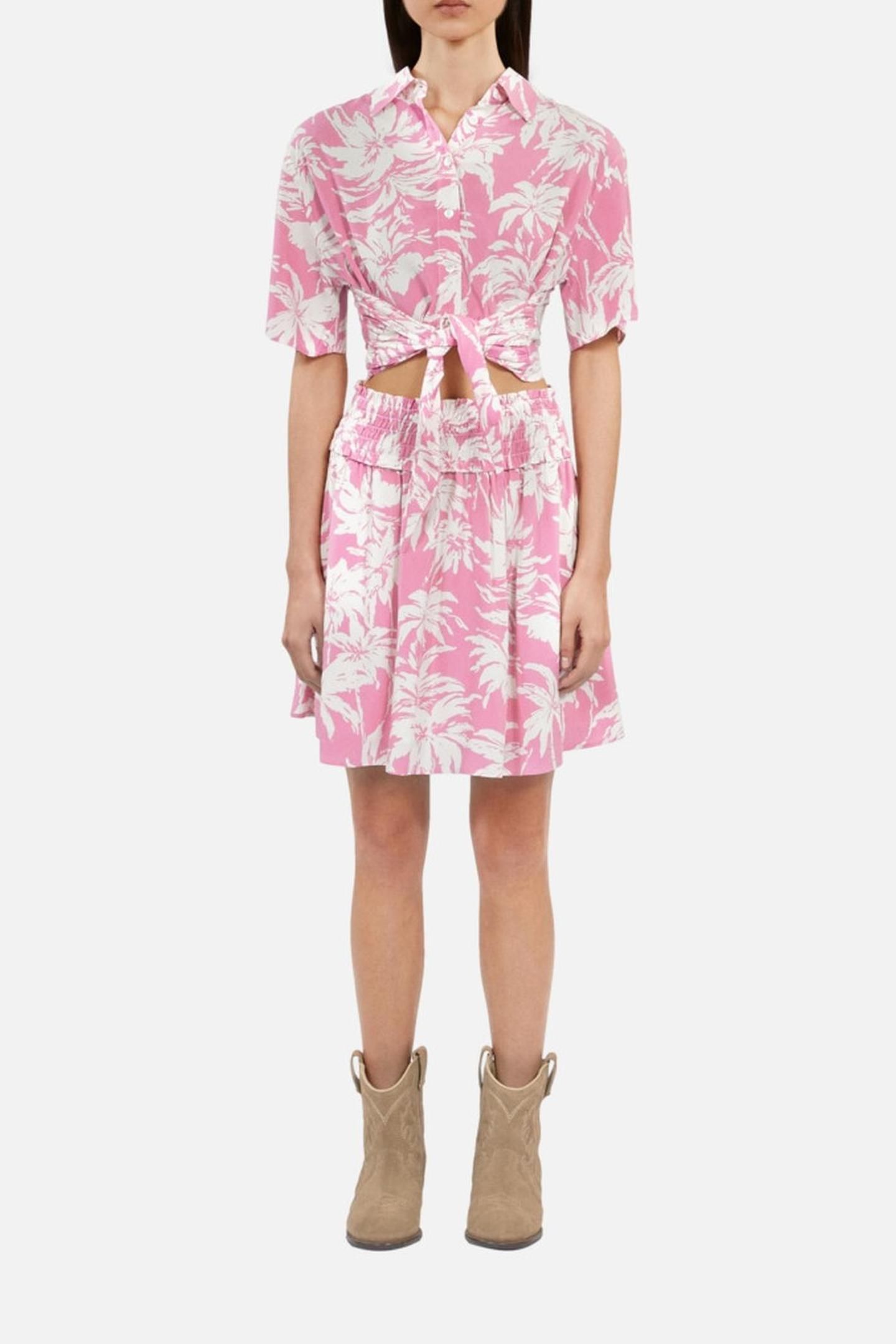 SHORT SKIRT WITH SMOCKED DETAILS PINK-WHITE 1