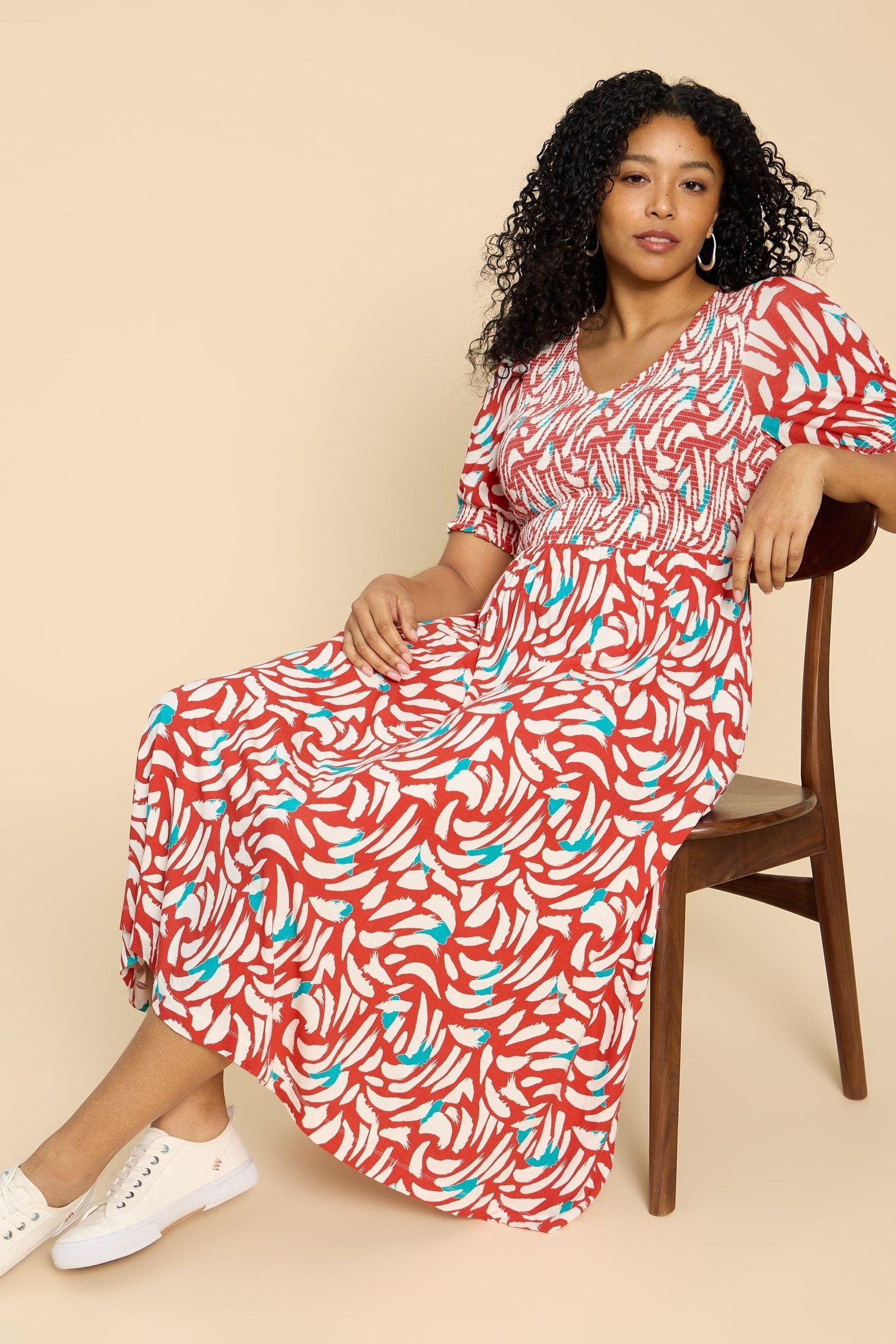 EMILY SHIRRED JERSEY DRESS RED PRINT 3