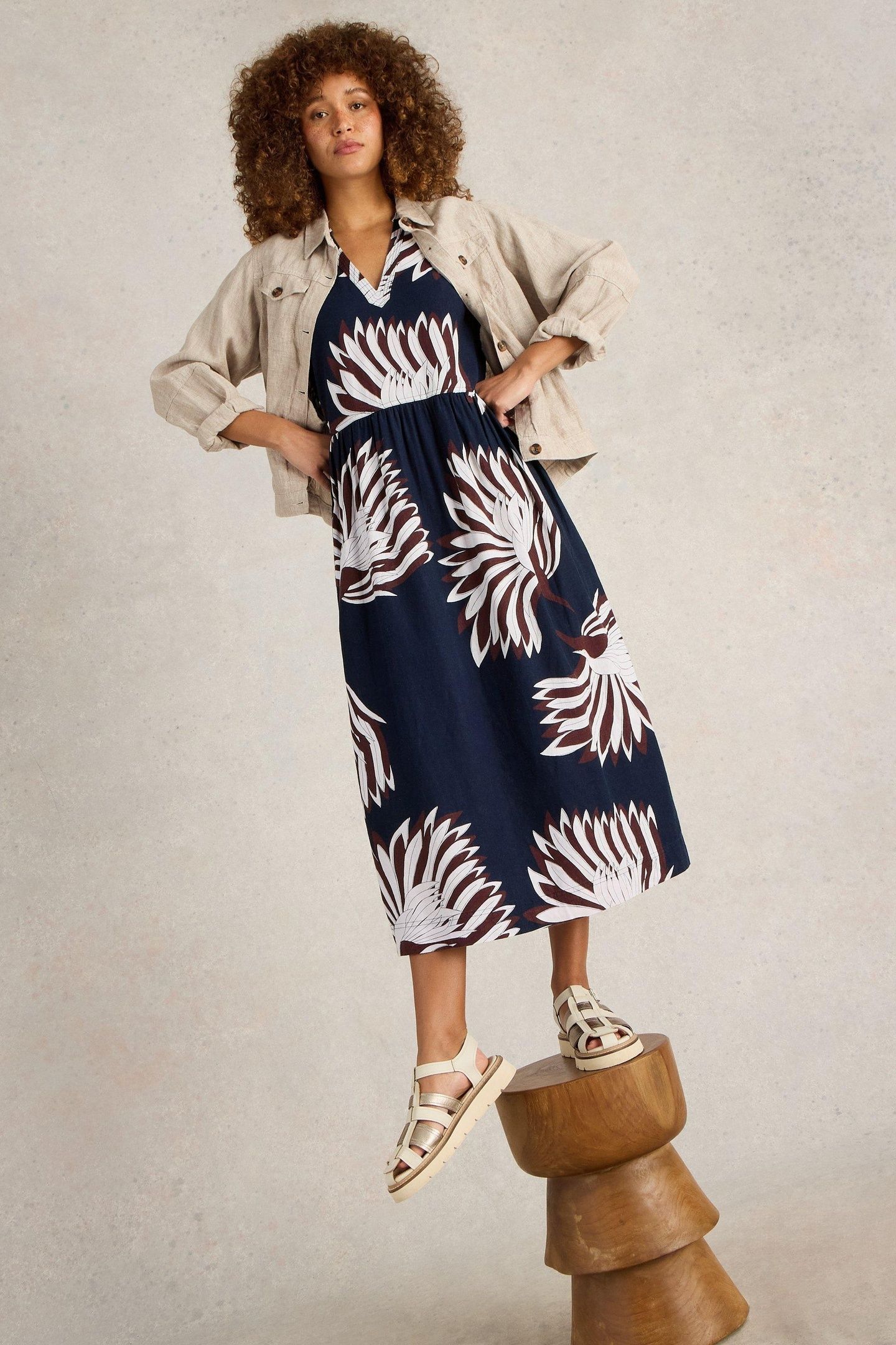 CLOVE LINEN BLEND DRESS NAVY PRINT 8